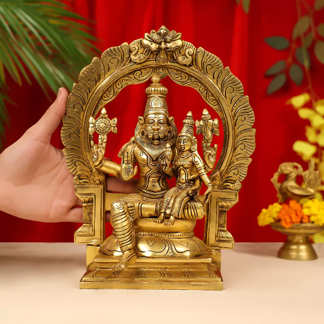 11.5" Brass Lord Narasimha With Goddess Lakshmi Idol - Image 5