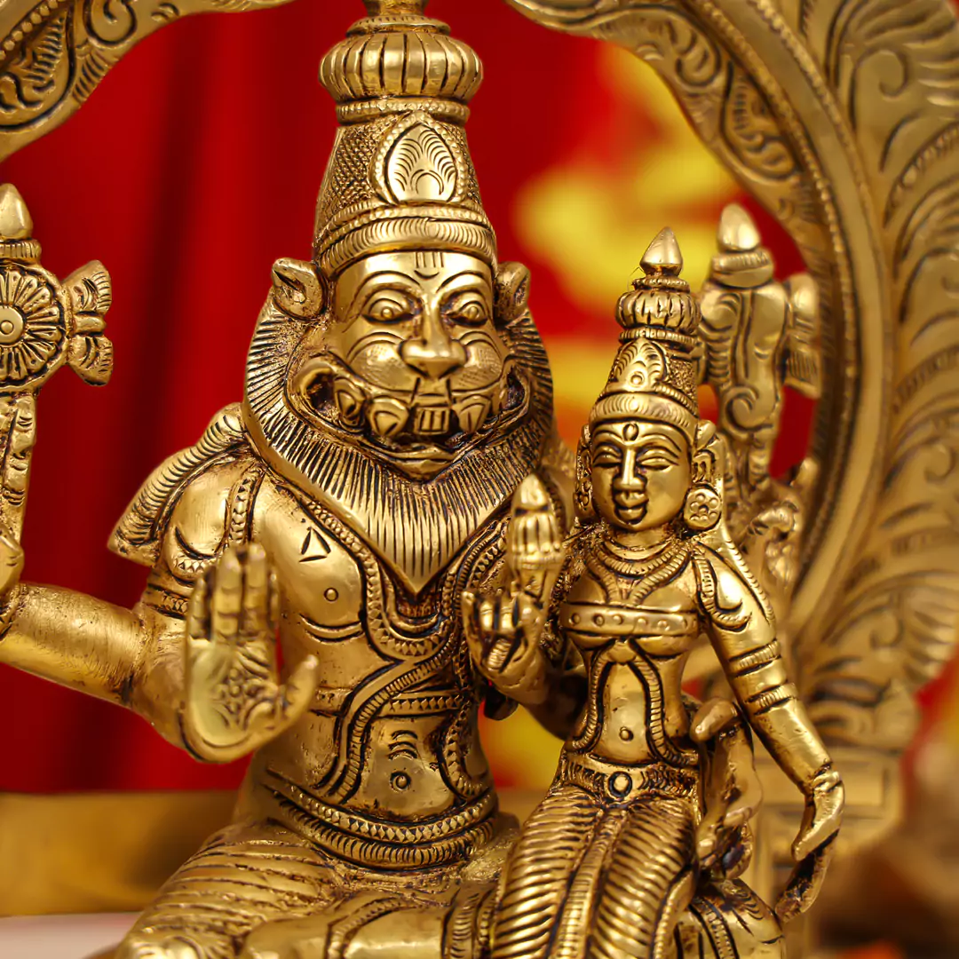 11.5" Brass Lord Narasimha With Goddess Lakshmi Idol - Image 6