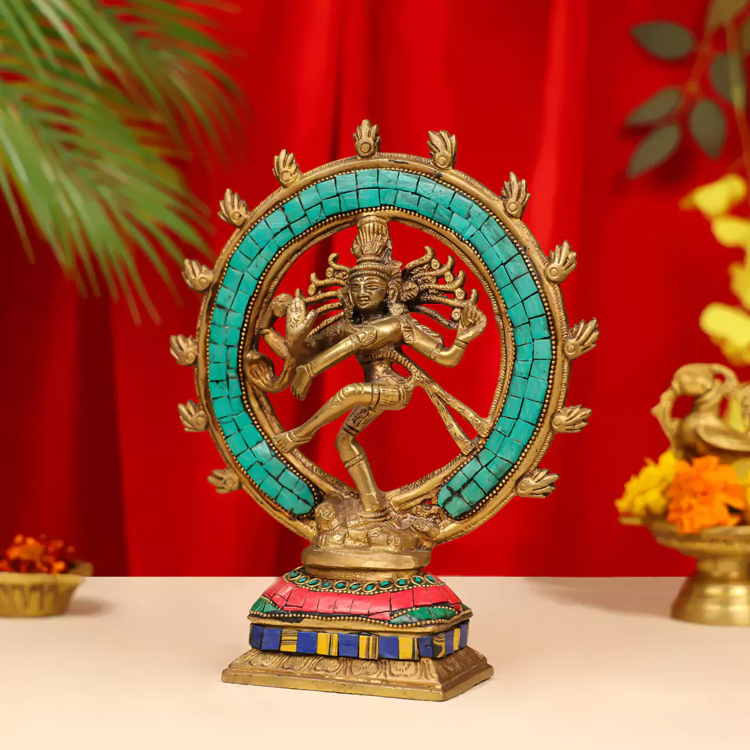 9" Brass Lord Natraj Dancing Shiva Idol Inlay Stonework - Image 3