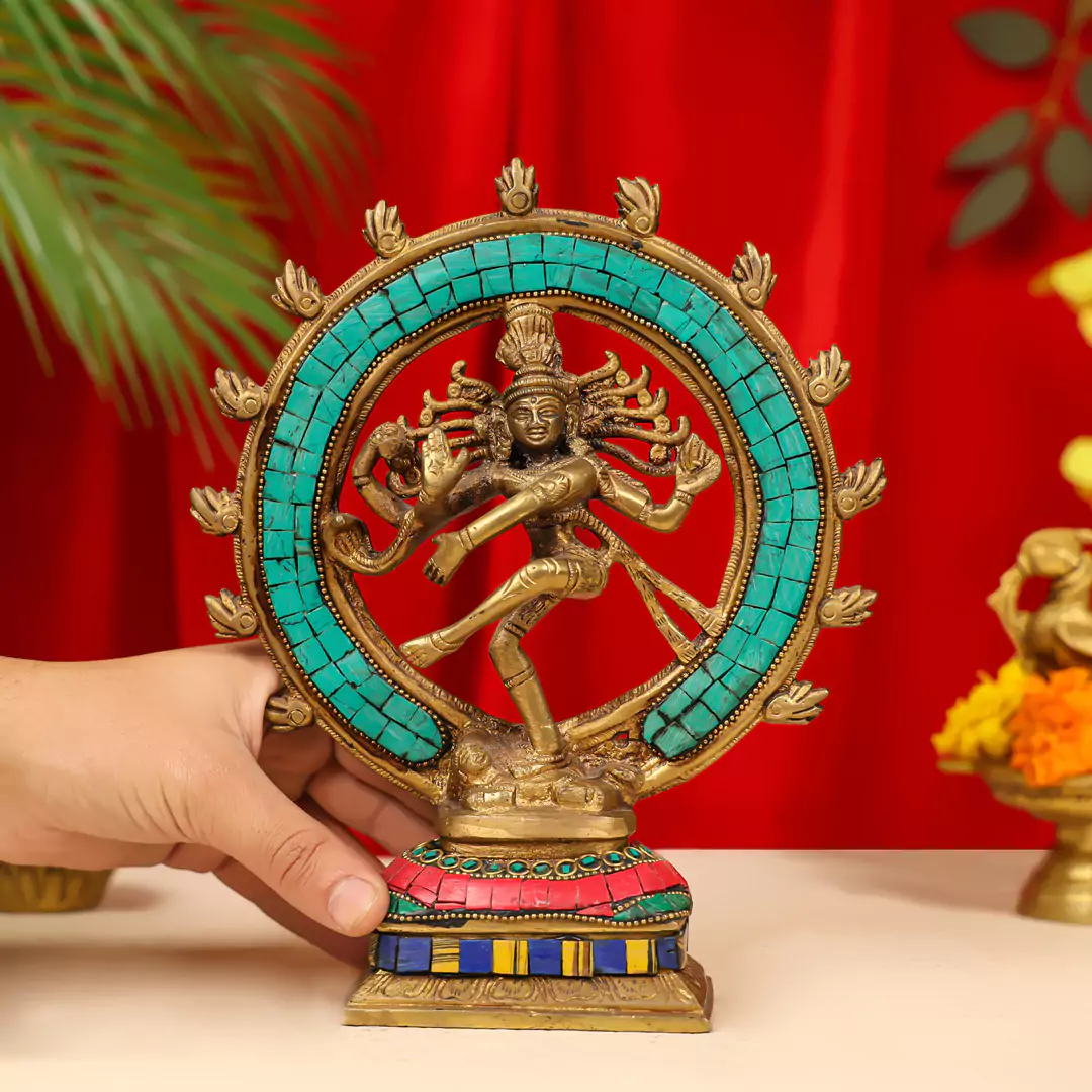 9" Brass Lord Natraj Dancing Shiva Idol Inlay Stonework - Image 5