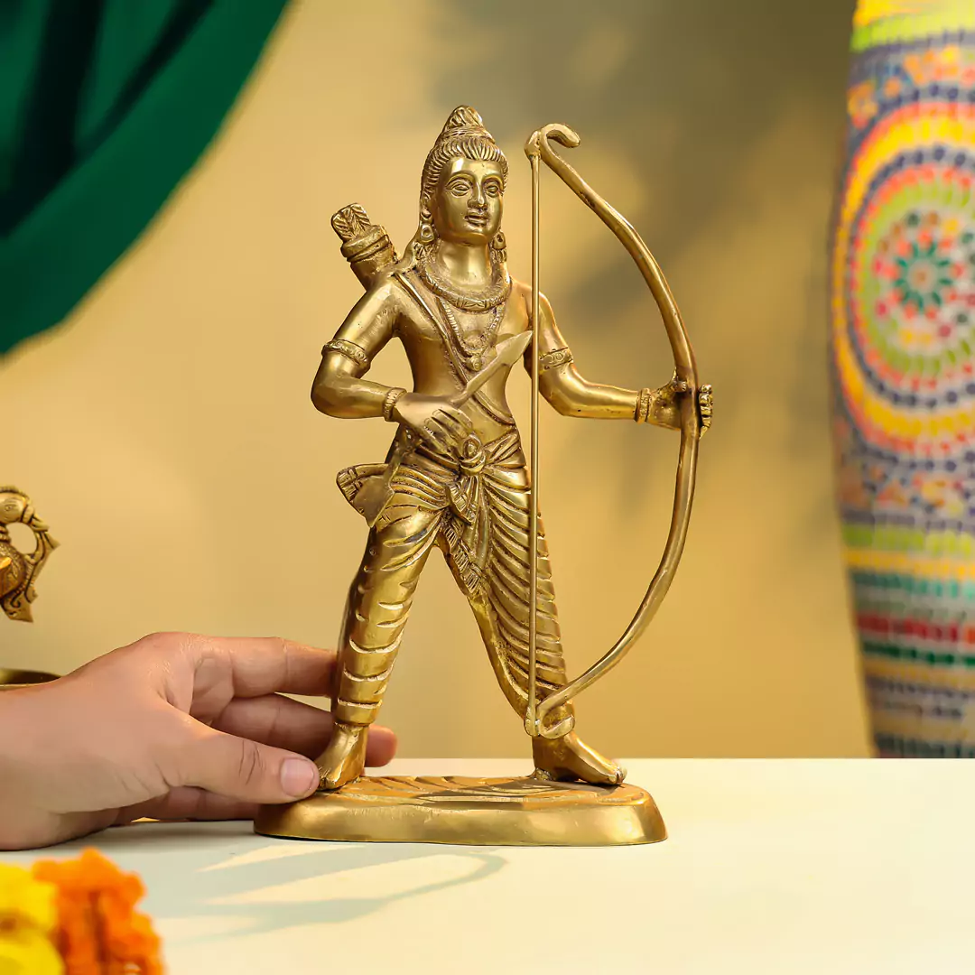 11" Brass Lord Rama Idol With Dhanush - Image 3