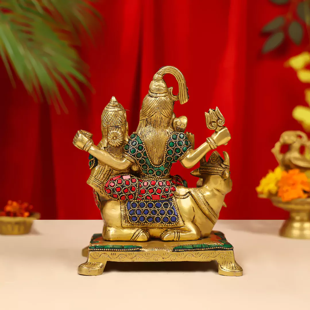 8" Brass Lord Shiva Family Idol Inlay Stonework - Image 3