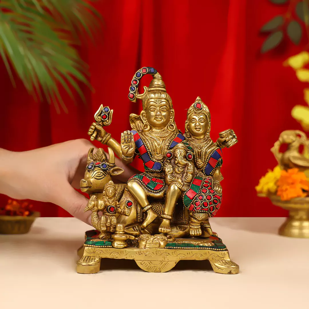 8" Brass Lord Shiva Family Idol Inlay Stonework - Image 4