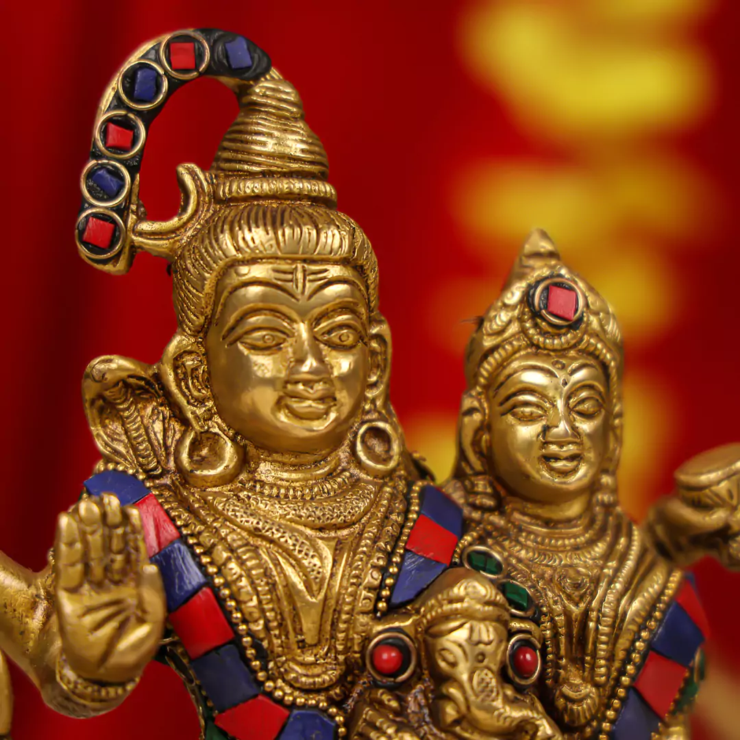 8" Brass Lord Shiva Family Idol Inlay Stonework - Image 5