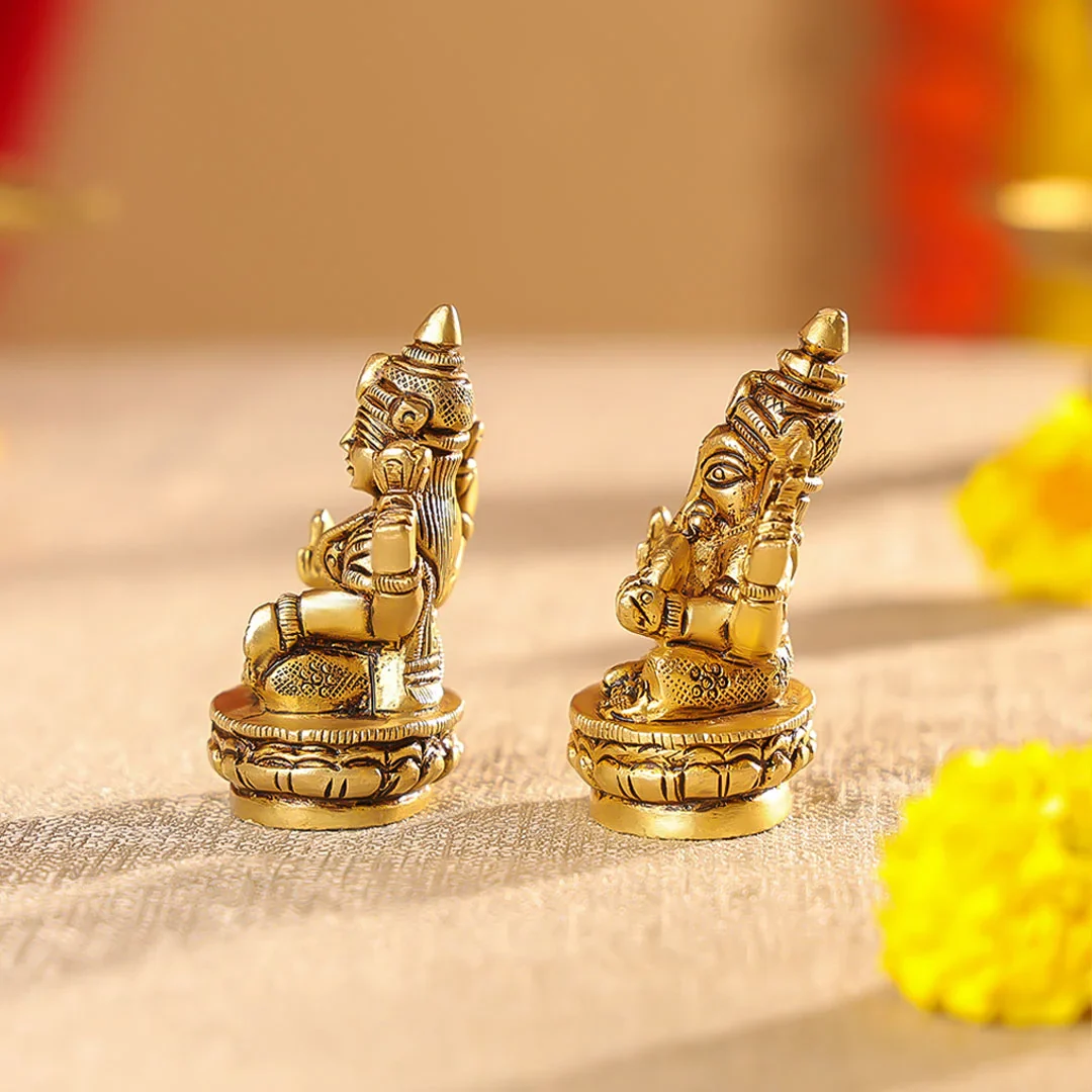 3" Brass Lord Ganesha & Laxmi Seated on Lotus Oval Base Idol Set - Image 4