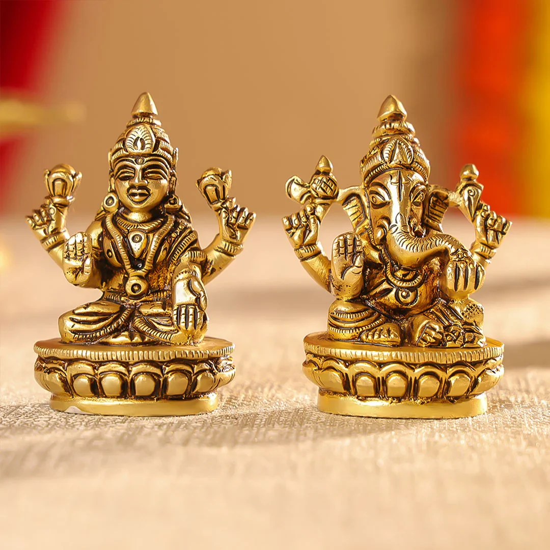 3" Brass Lord Ganesha & Laxmi Seated on Lotus Oval Base Idol Set - Image 6