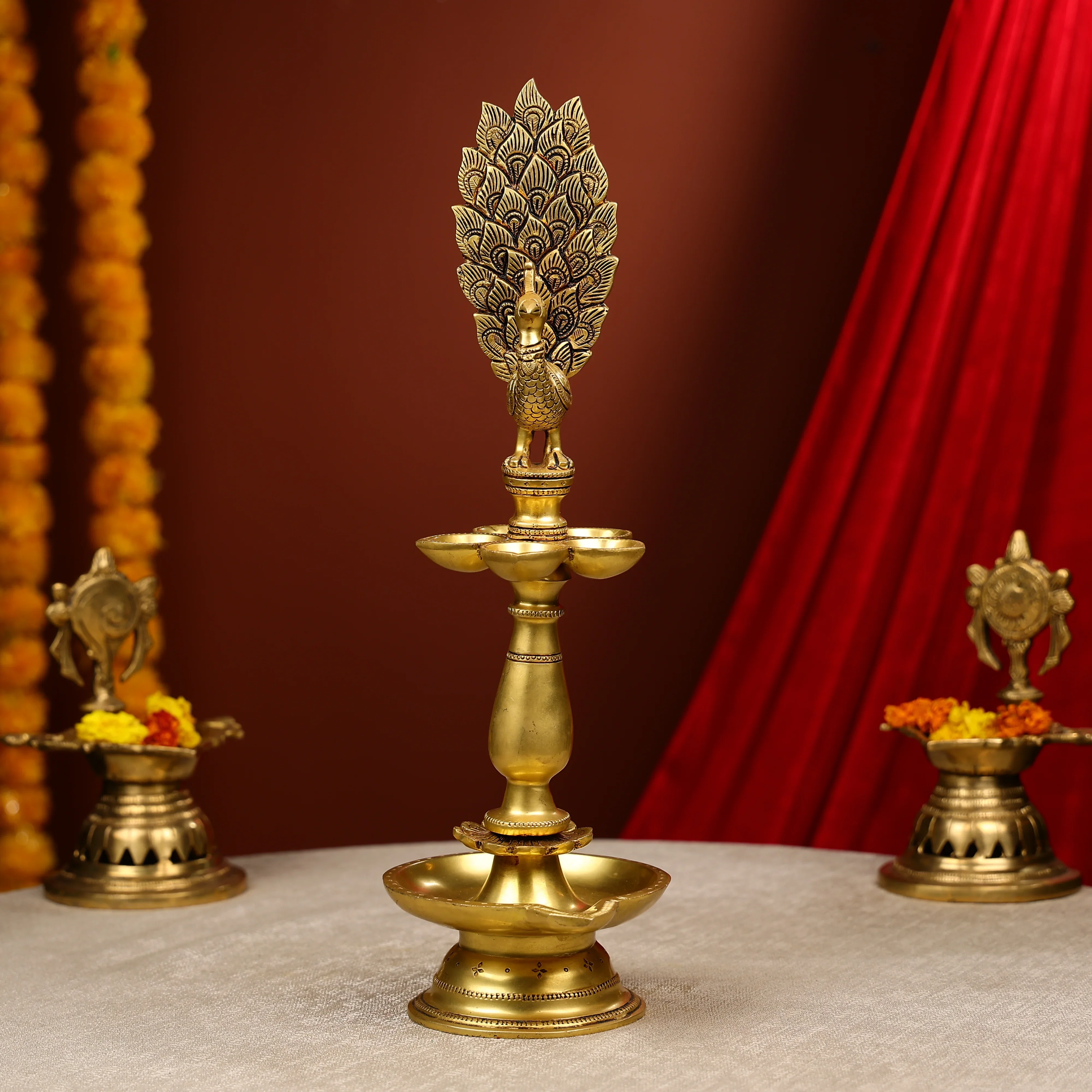 17" Super Fine Brass Multi Level Peacock Diya With 6 Lights
