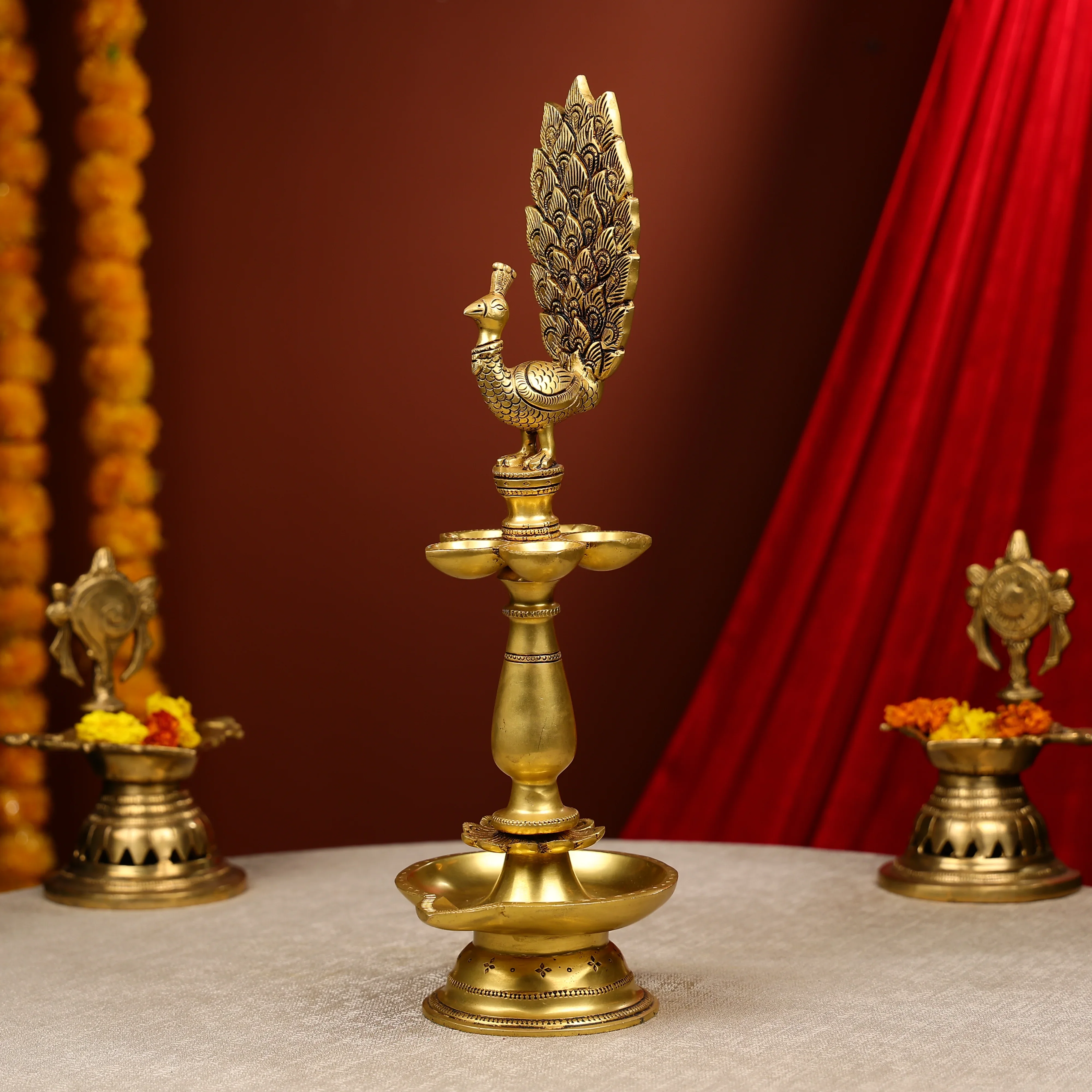 17" Super Fine Brass Multi Level Peacock Diya With 6 Lights - Image 2