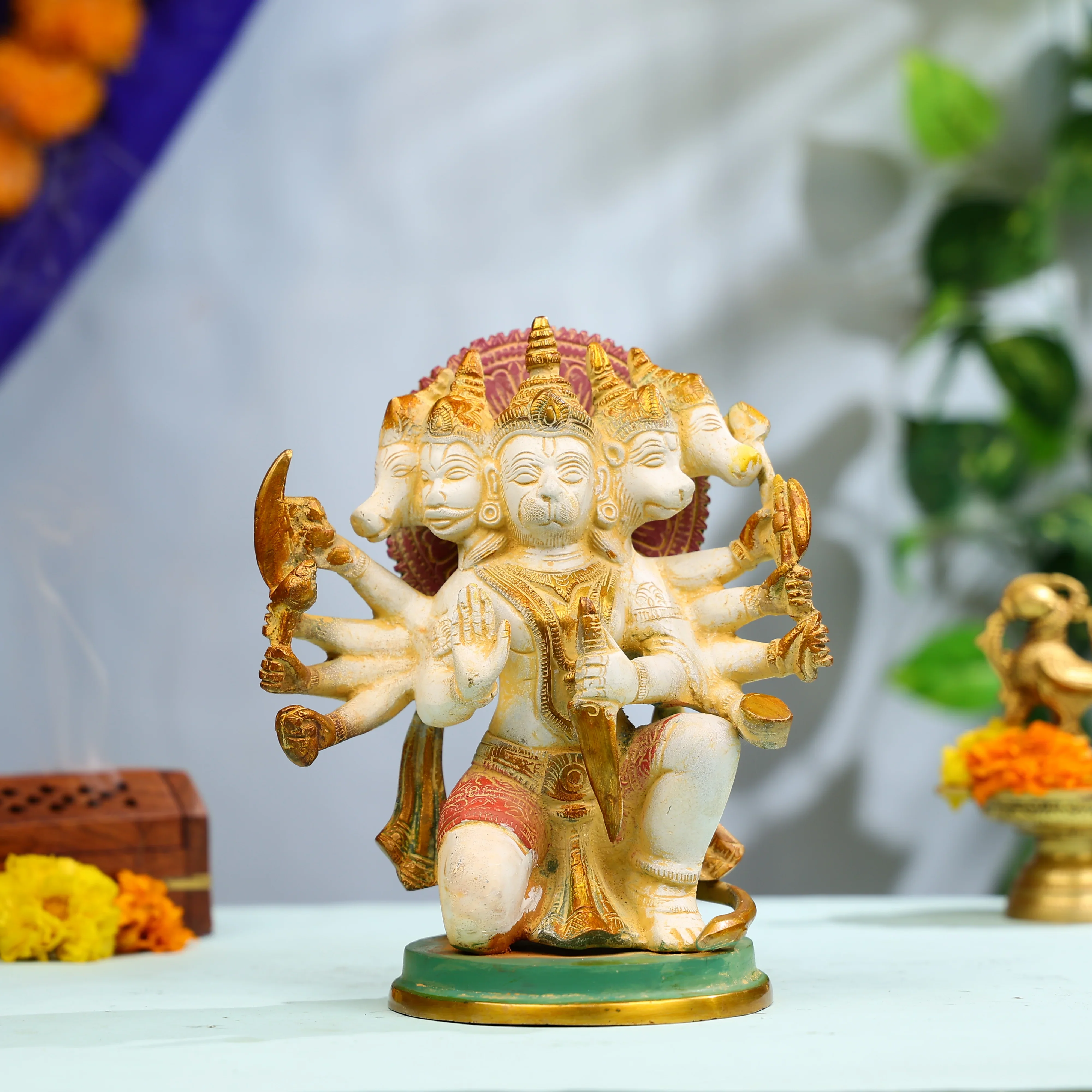 9" Coloured Brass Panchmukhi Hanuman Idol