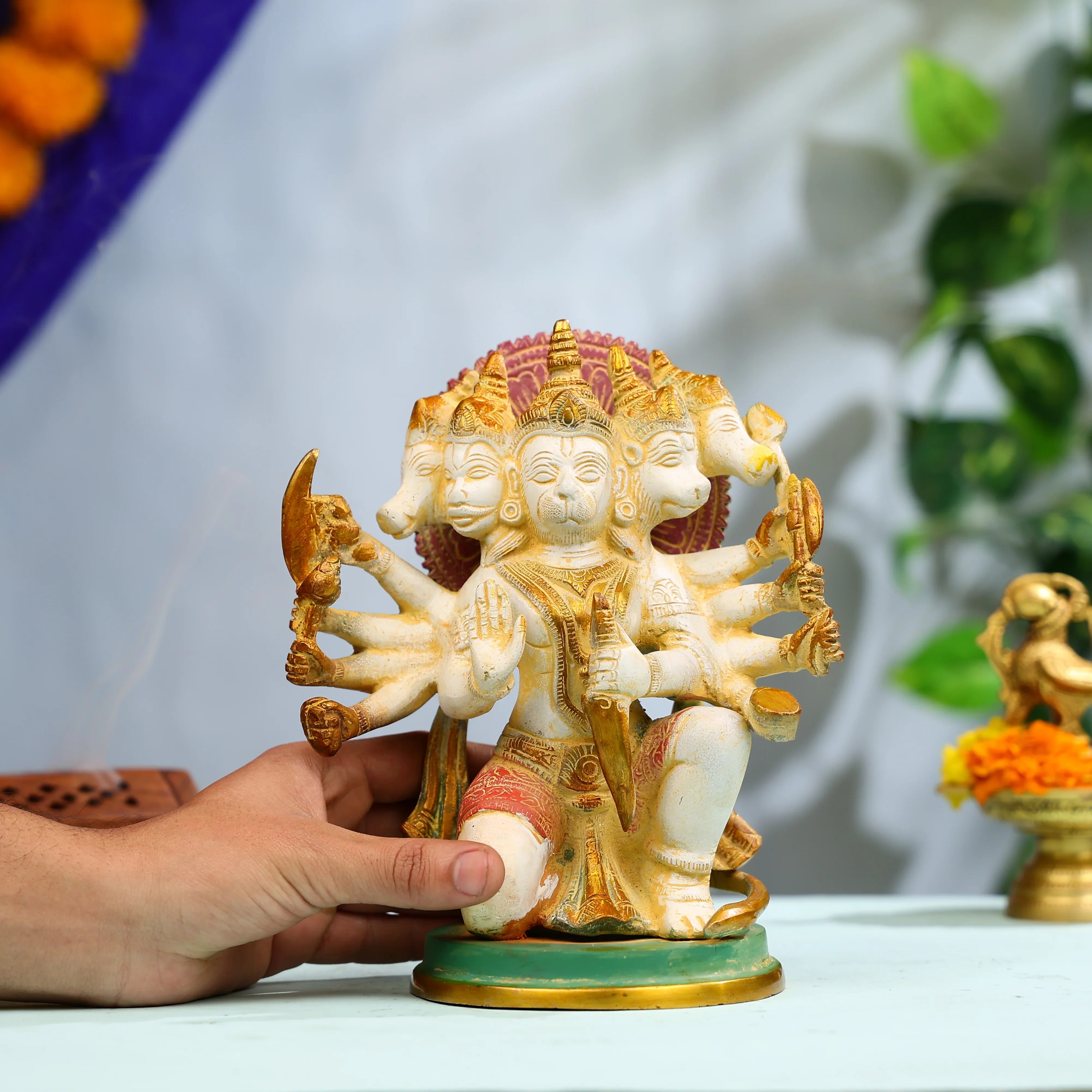 9" Coloured Brass Panchmukhi Hanuman Idol - Image 4