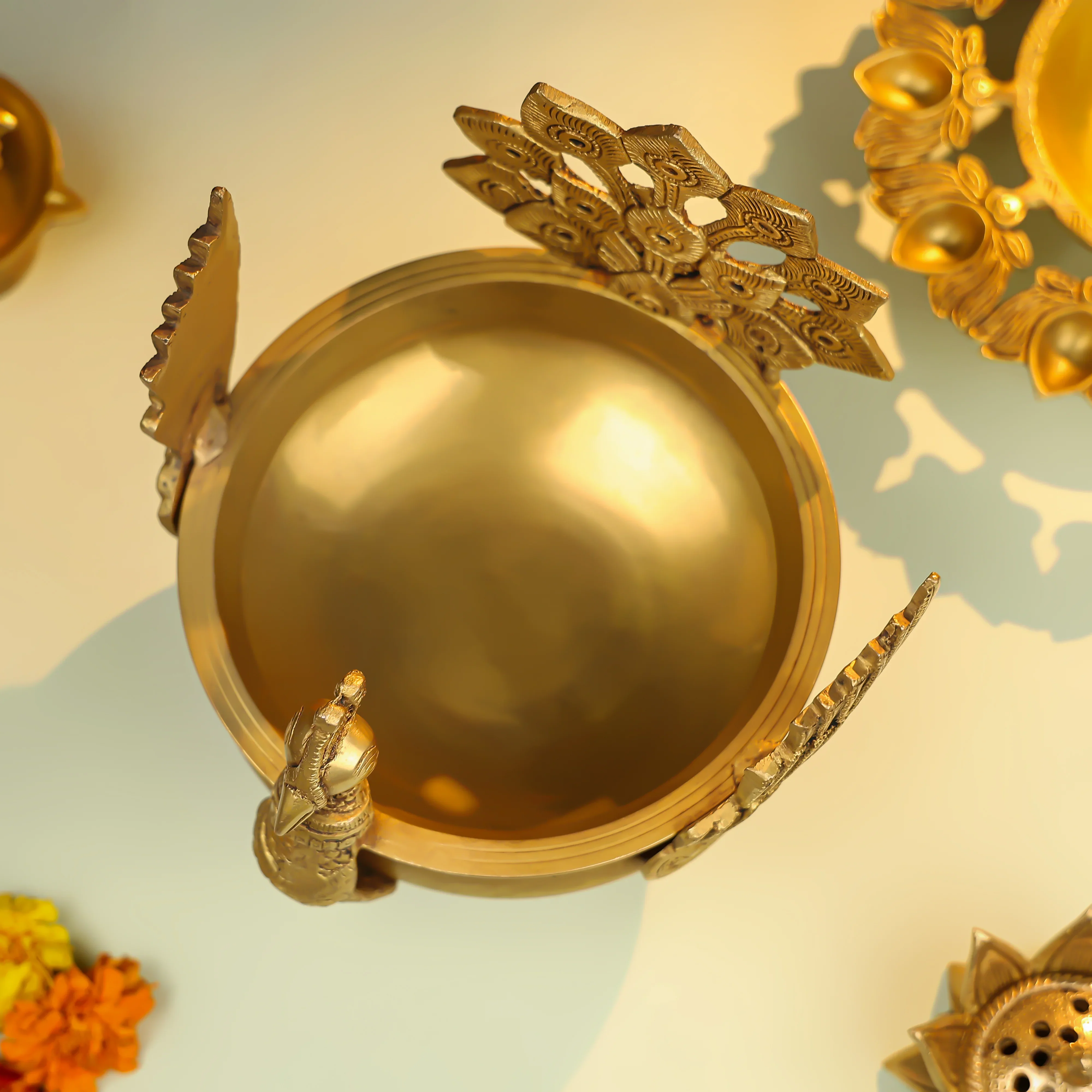 8" Brass Peacock Urli - Image 5