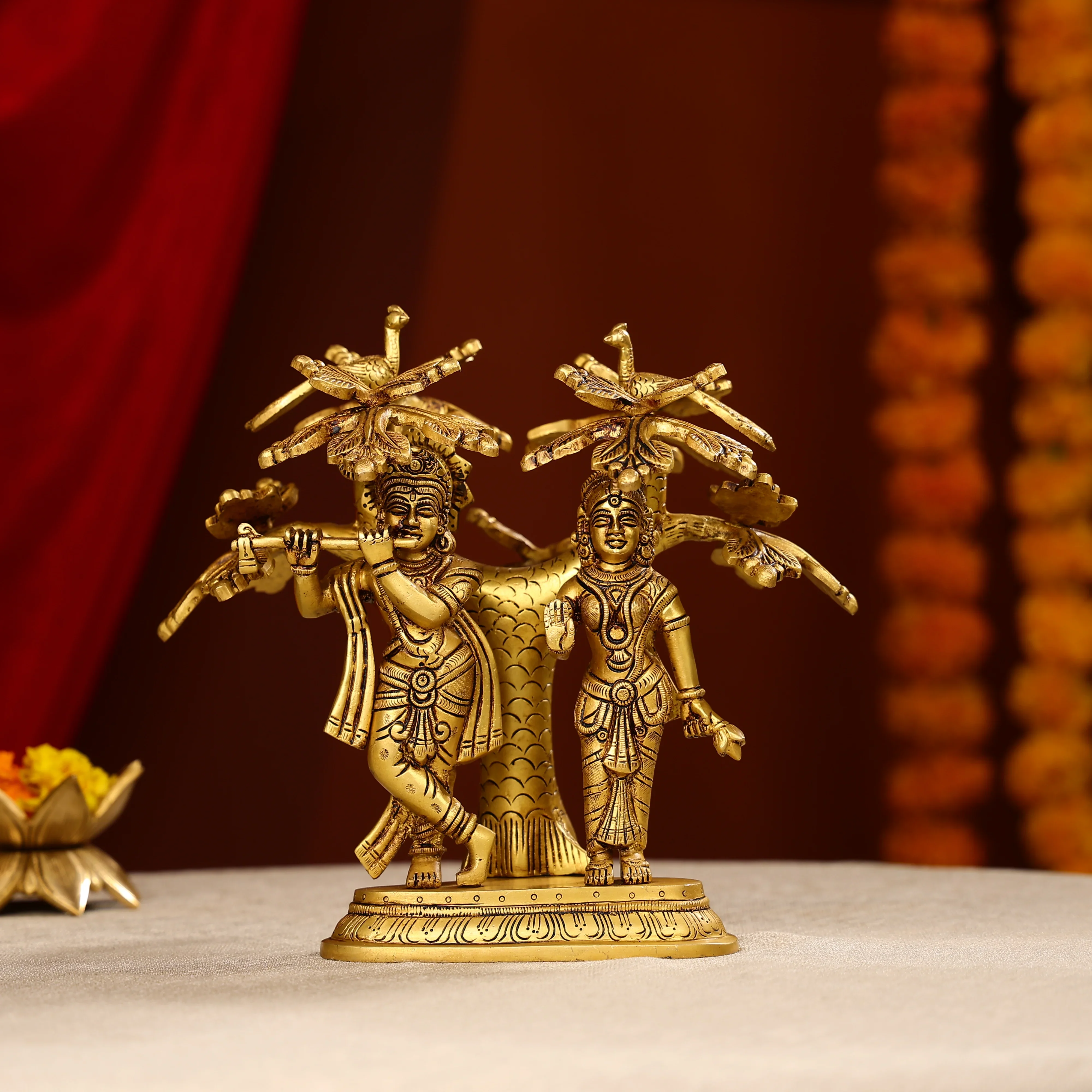 9.5" Brass Radha Krishna Idol Under Tree With Seated Peacocks