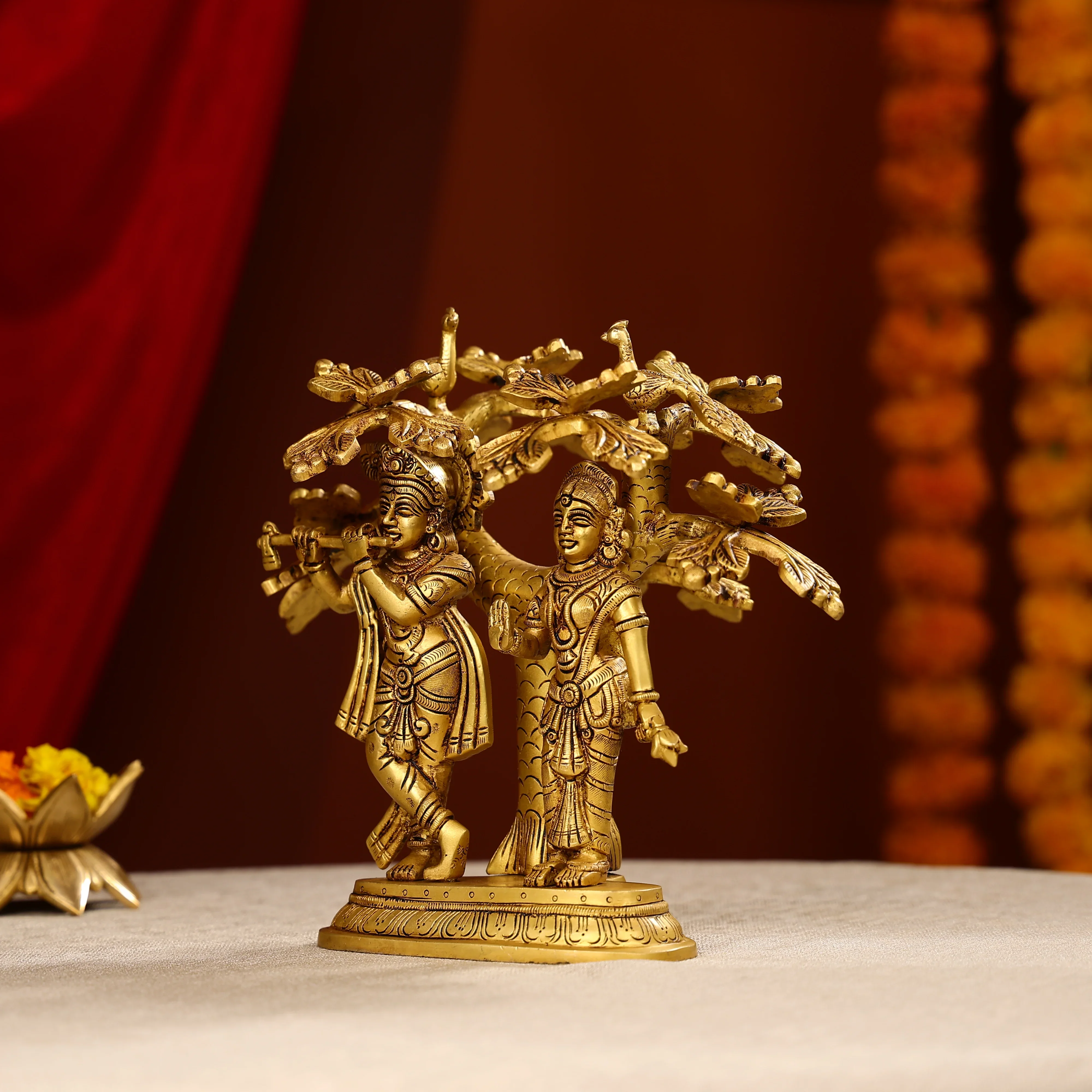 9.5" Brass Radha Krishna Idol Under Tree With Seated Peacocks - Image 2