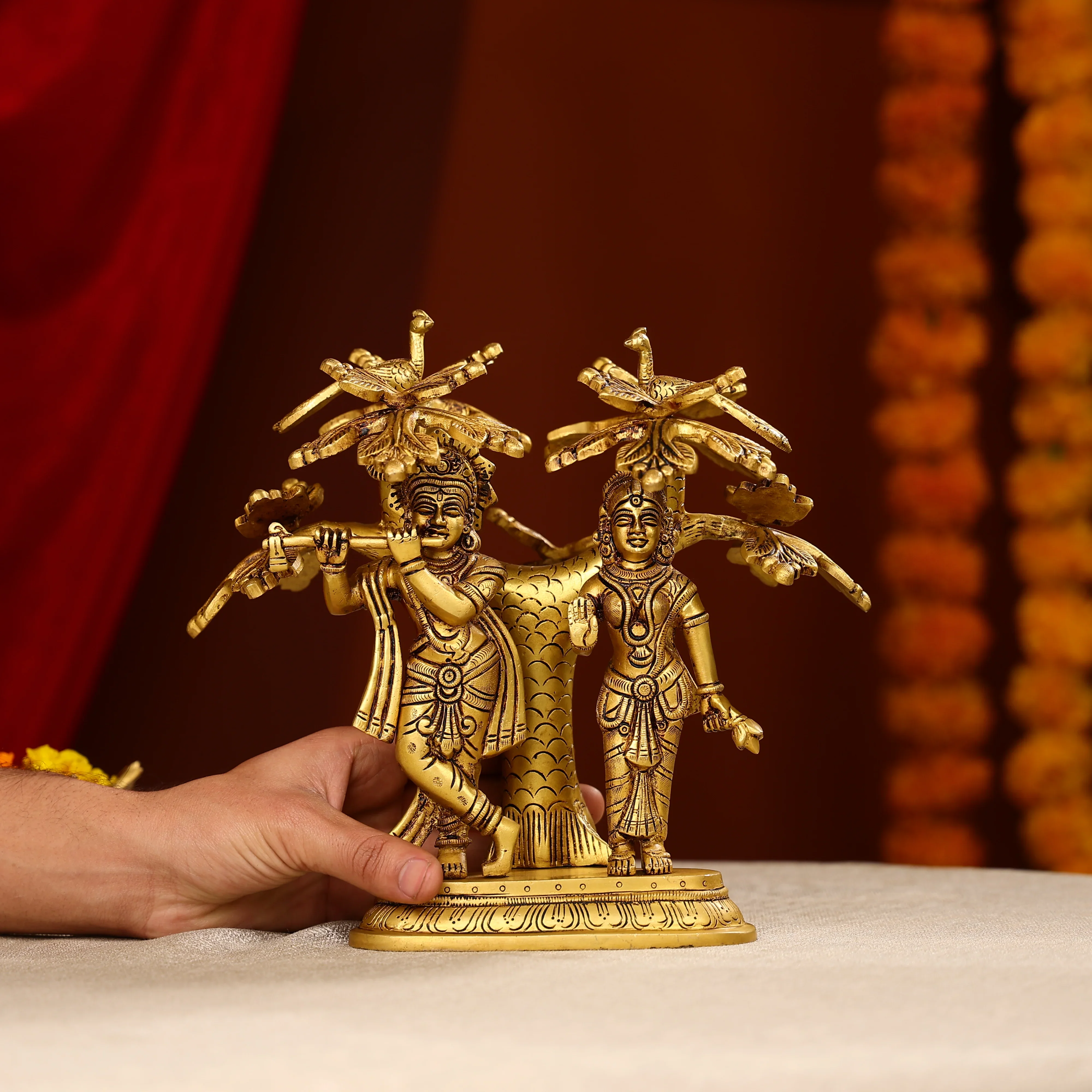 9.5" Brass Radha Krishna Idol Under Tree With Seated Peacocks - Image 3