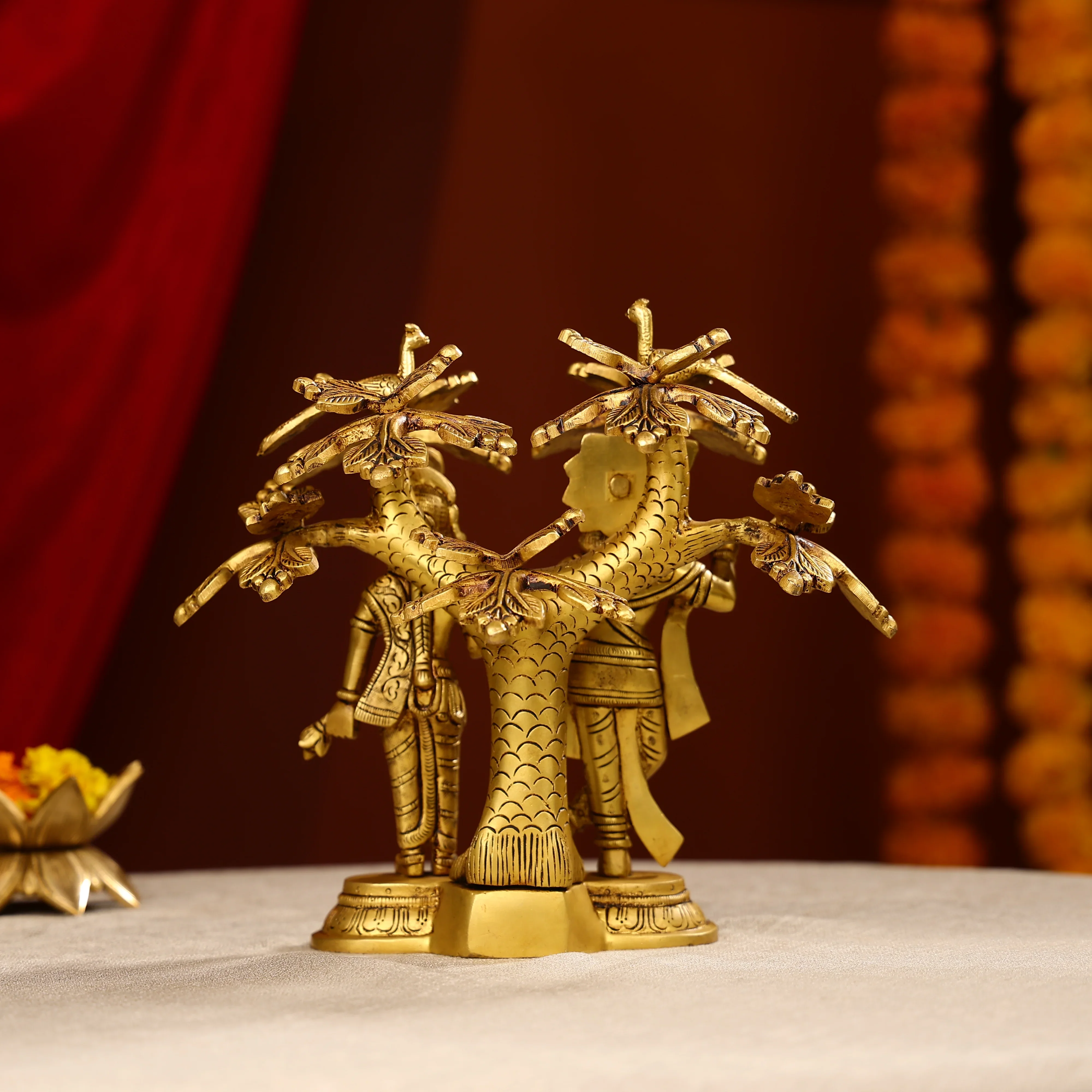 9.5" Brass Radha Krishna Idol Under Tree With Seated Peacocks - Image 5