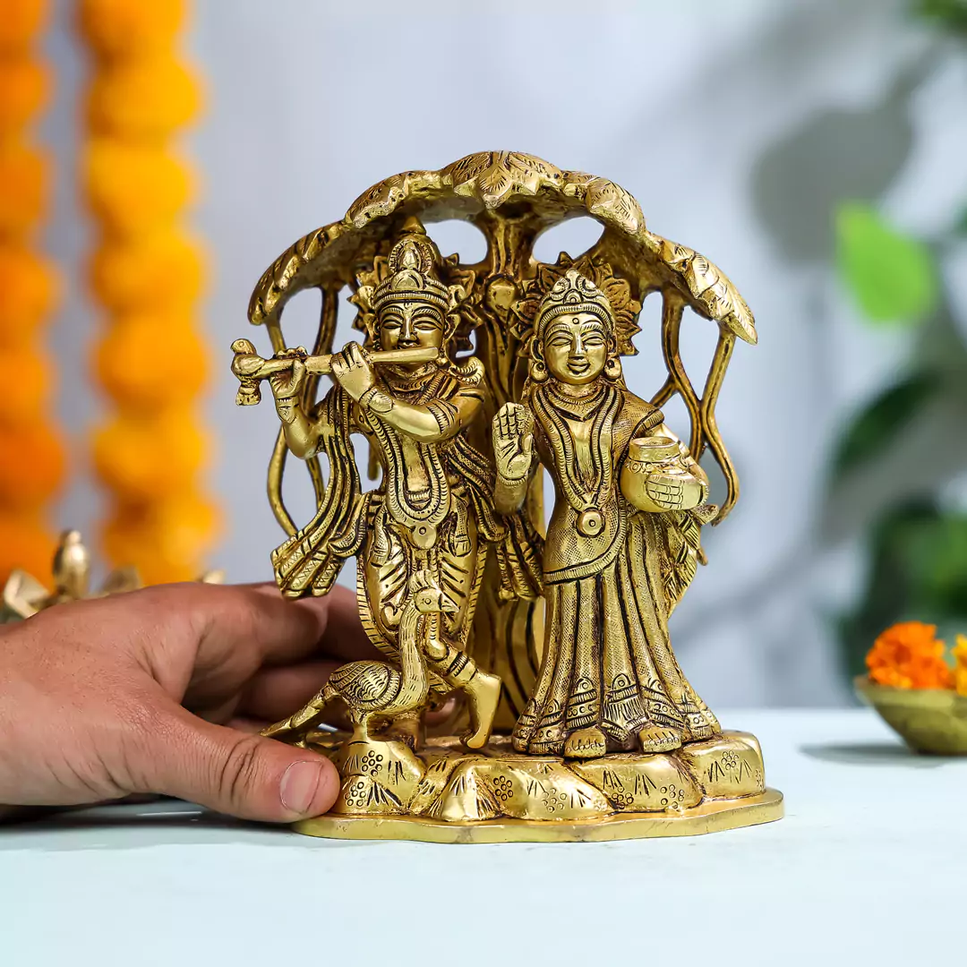 8" Brass Lord Radha Krishna Standing Under The Tree - Medium - Image 4
