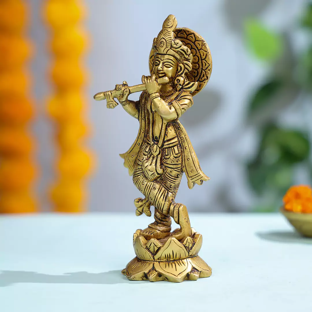 Brass Statue Of Lord Krishna On A Lotus Base - Image 2