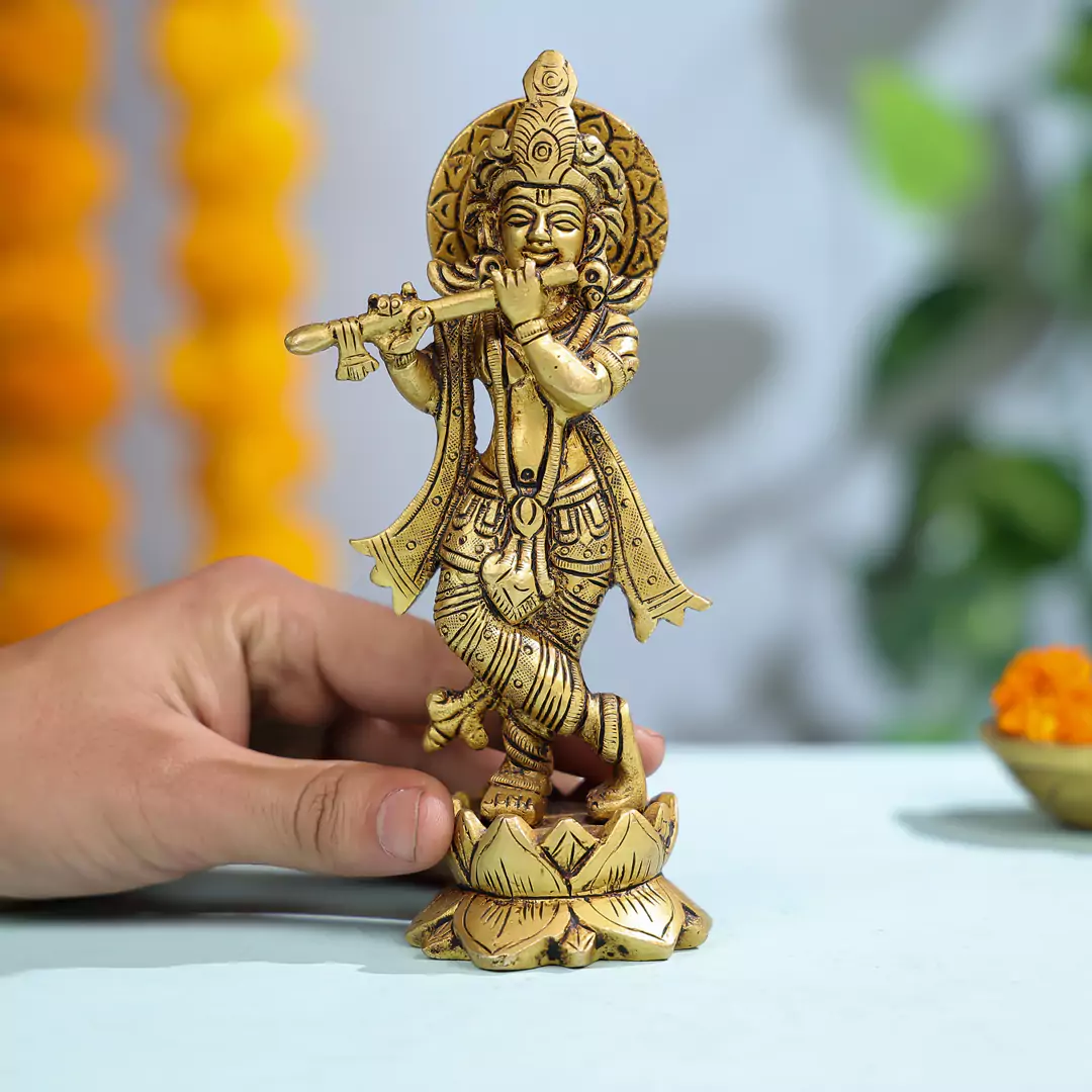 Brass Statue Of Lord Krishna On A Lotus Base - Image 3