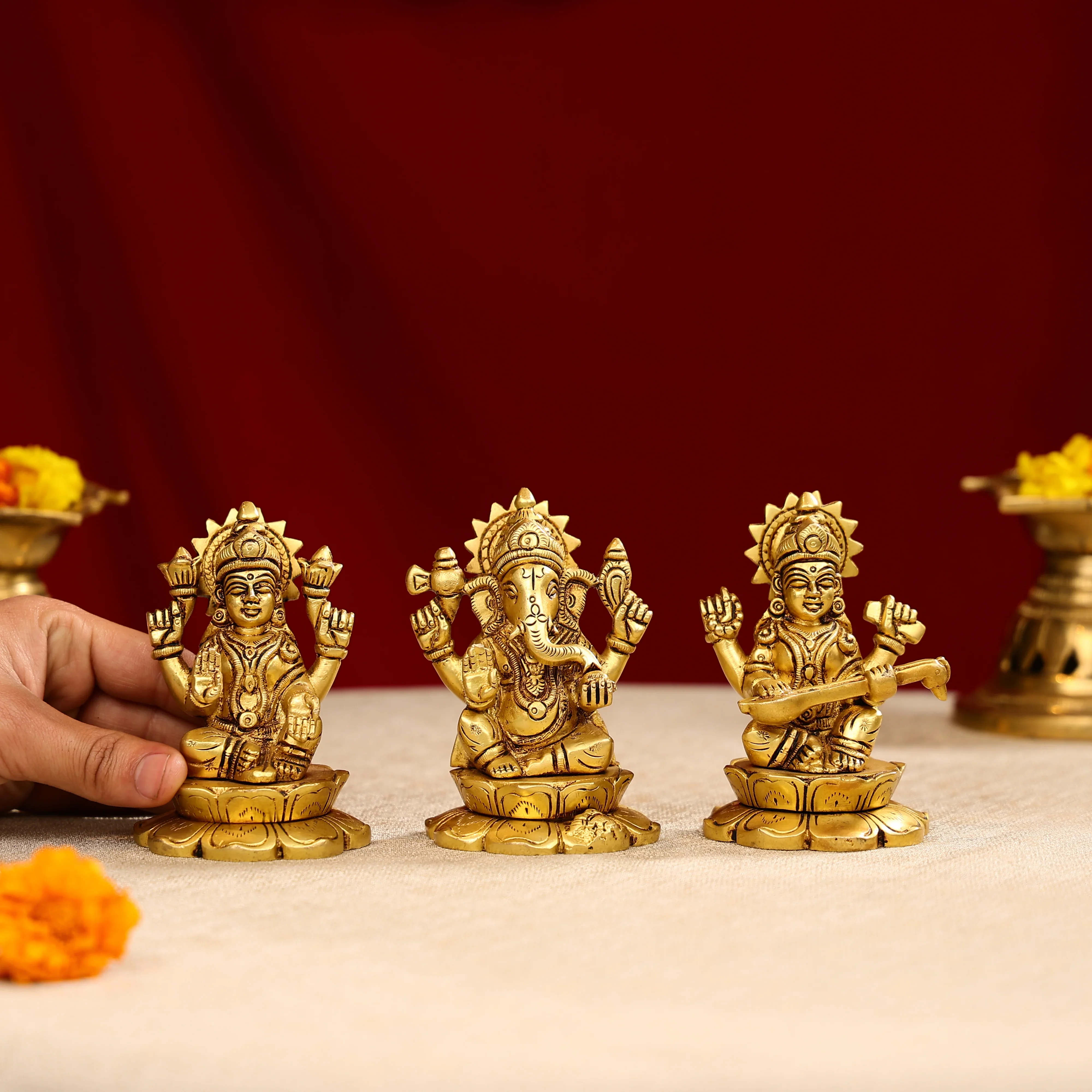 4.25" Brass Super Fine Goddess Laxmi, Lord Ganesha & Goddess Saraswati Trio Idols Seated On Lotus Base - Image 3