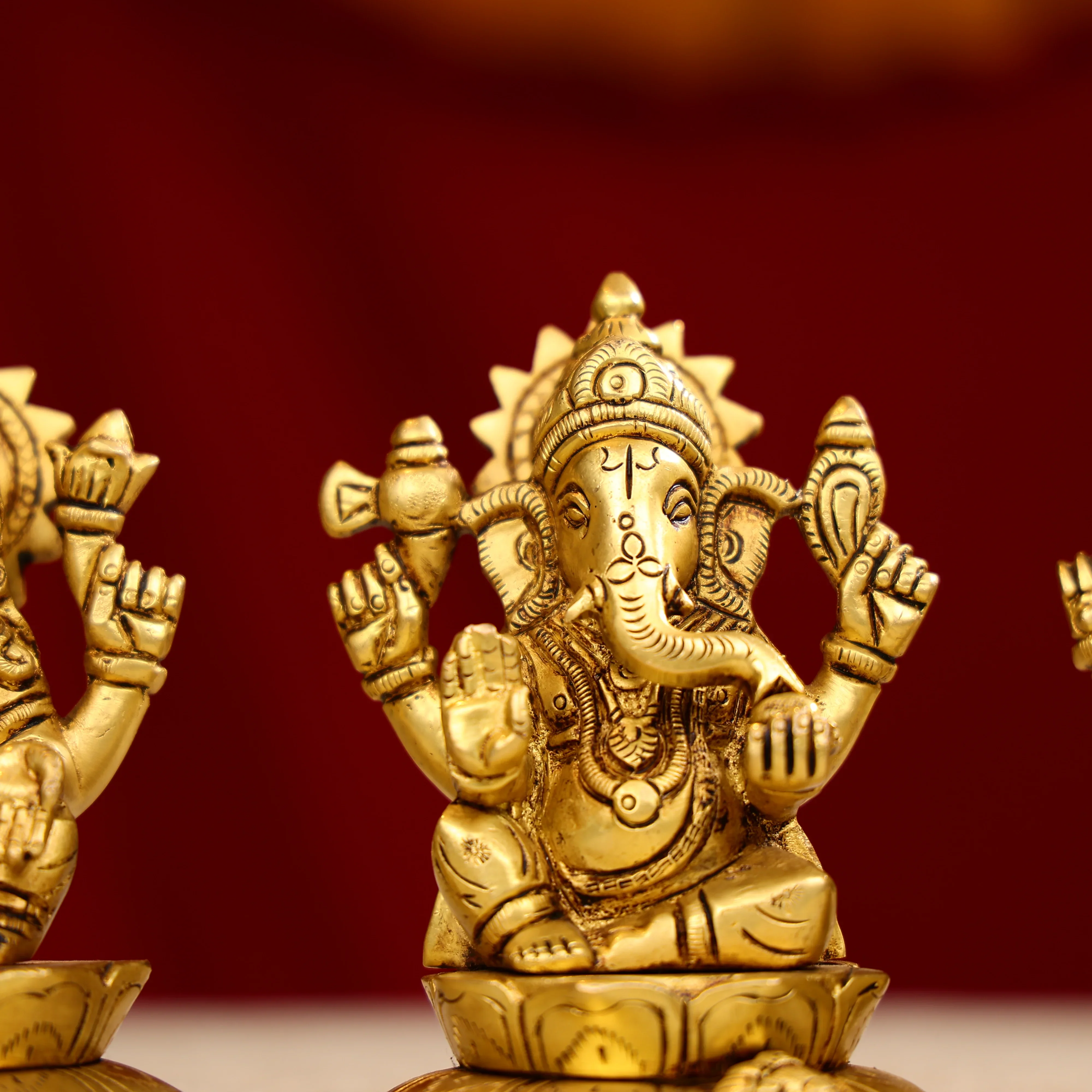 4.25" Brass Super Fine Goddess Laxmi, Lord Ganesha & Goddess Saraswati Trio Idols Seated On Lotus Base - Image 4