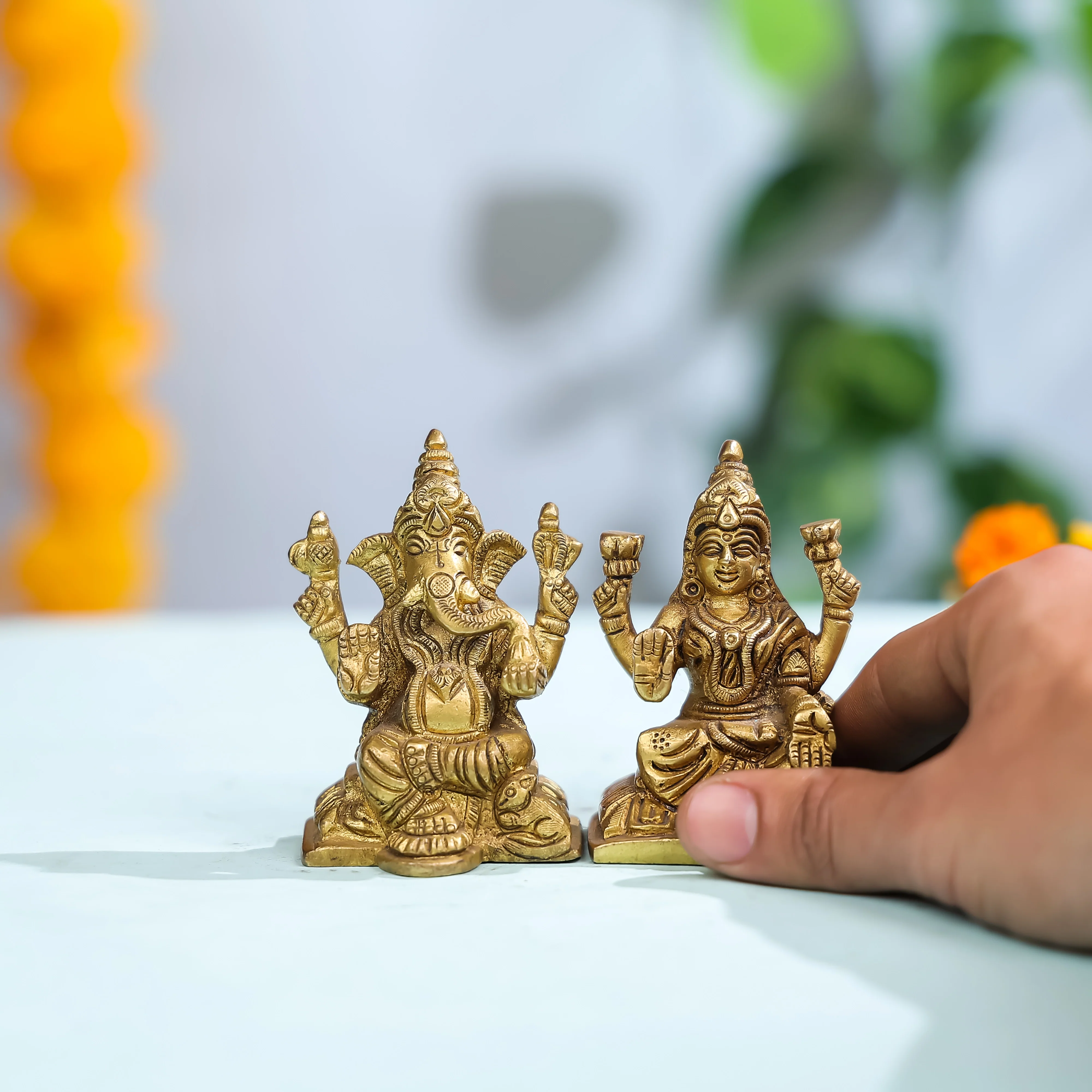 3.5" Brass Superfine Lord Ganesha & Laxmi Idol Pair Seated On Pedestal - Image 3