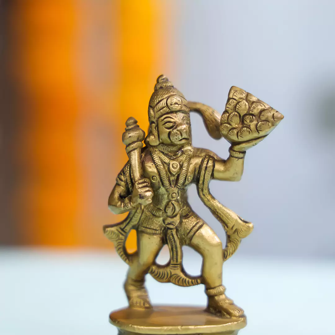 4" Brass Superfine Lord Hanuman Idol Carrying Sanjeevani On Oval Base - Image 5