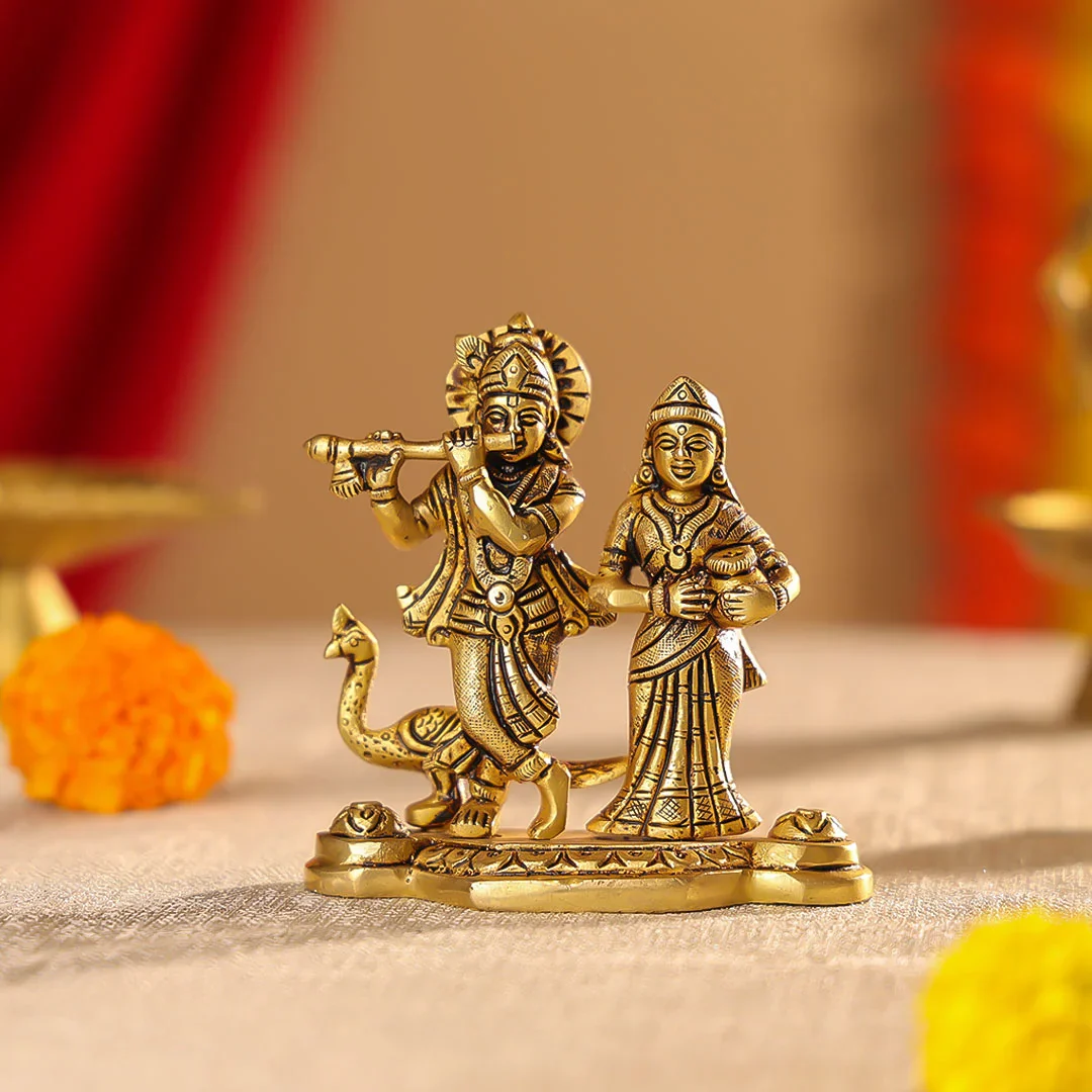 4.5" Brass Superfine Radha Krishna Idol On Pedestal With Peacock Idol