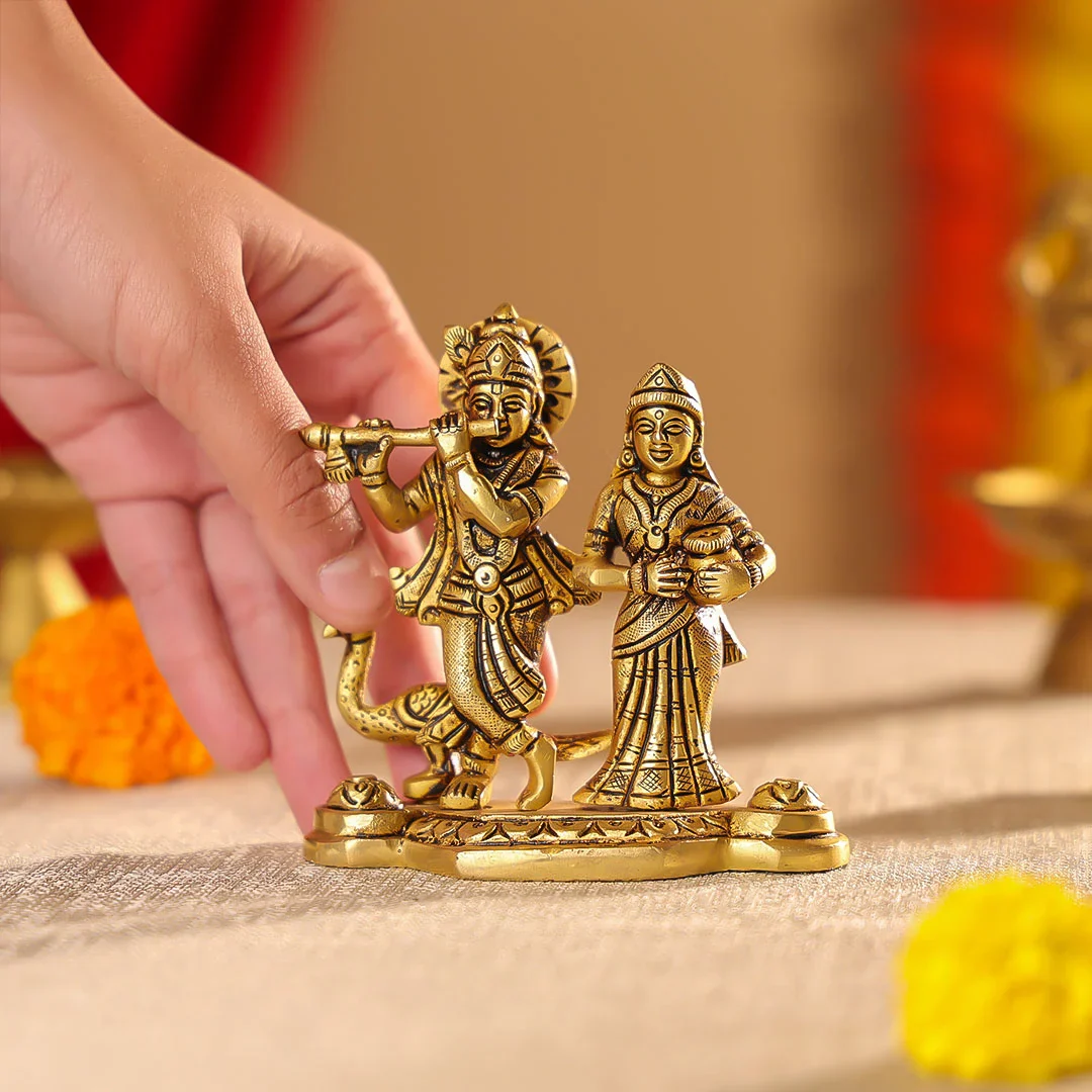 4.5" Brass Superfine Radha Krishna Idol On Pedestal With Peacock Idol - Image 2