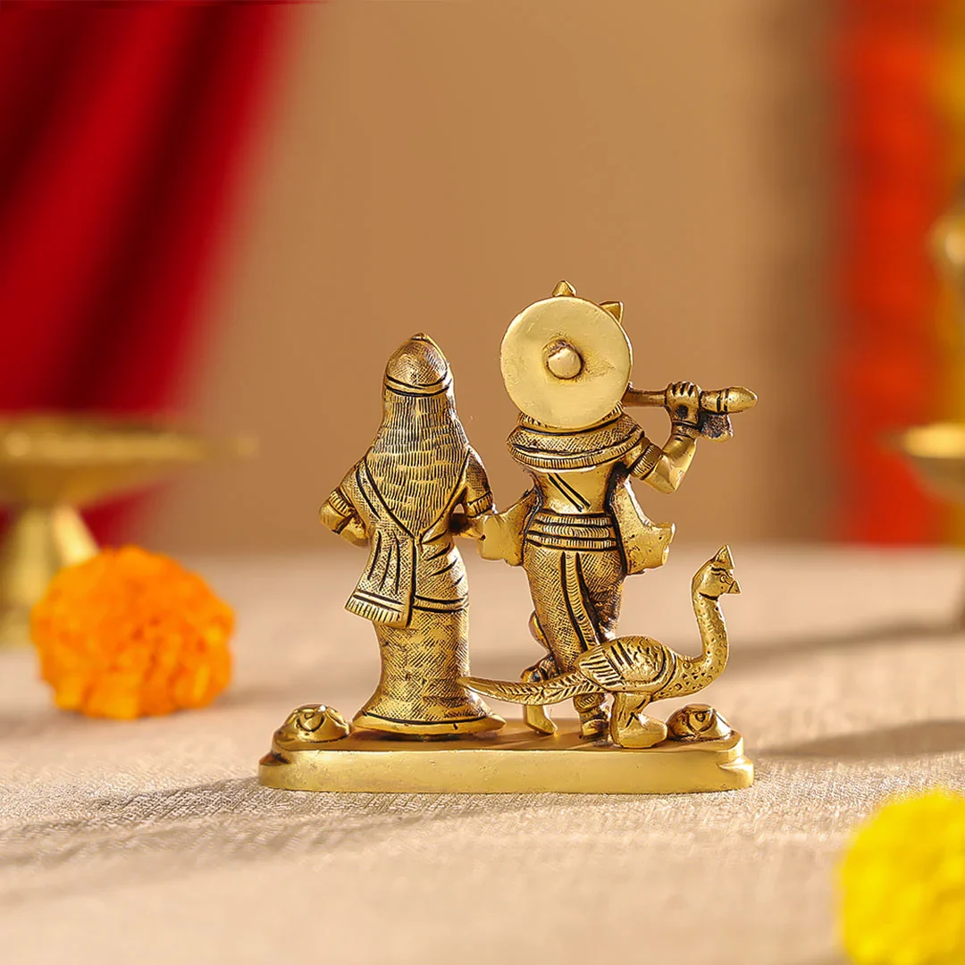 4.5" Brass Superfine Radha Krishna Idol On Pedestal With Peacock Idol - Image 3