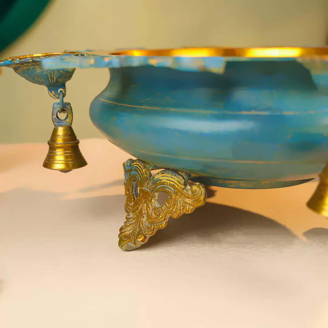 Brass Urli With Diyas On The Edge With Bells - Image 5