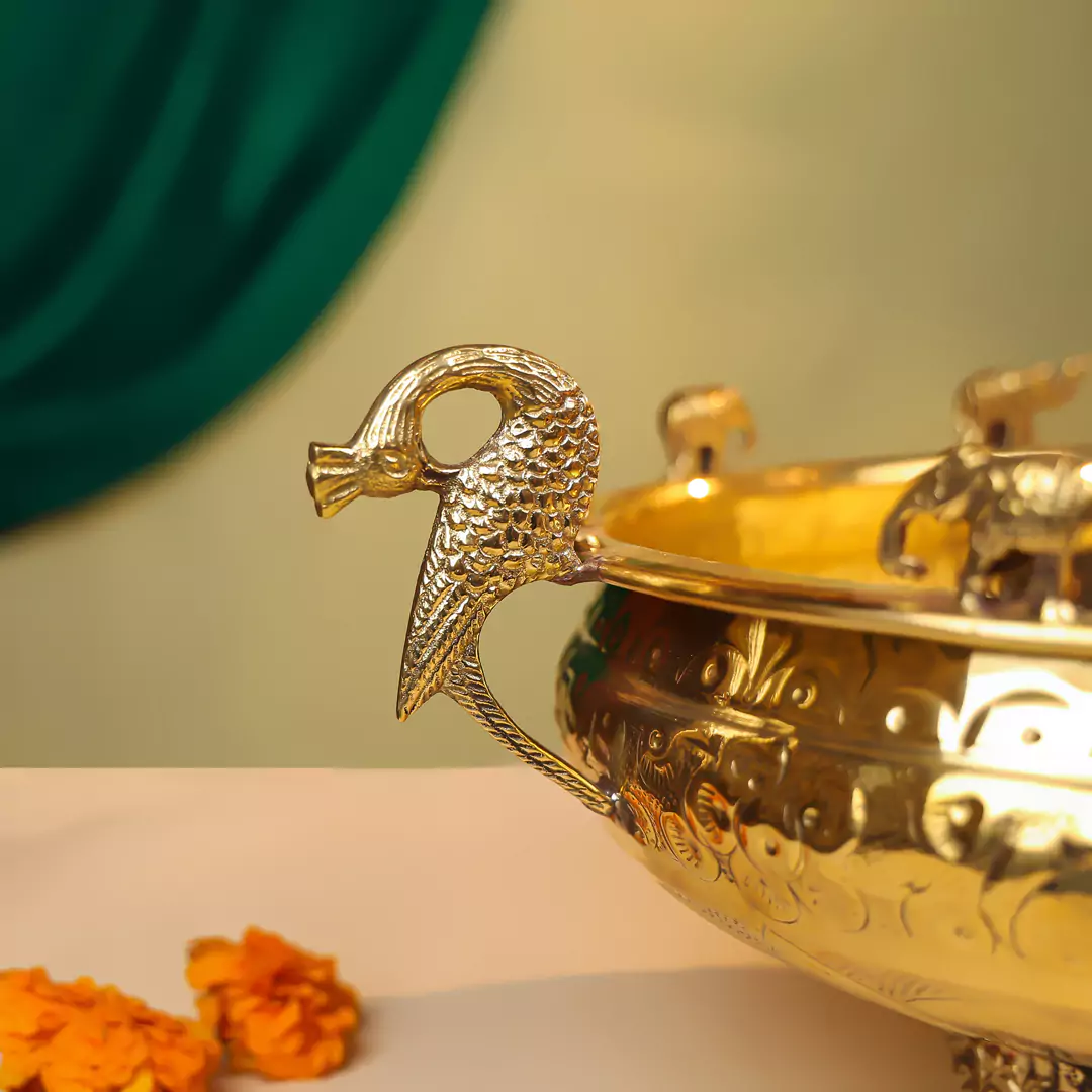 Brass Urli With Elephant And Peacock - Image 3