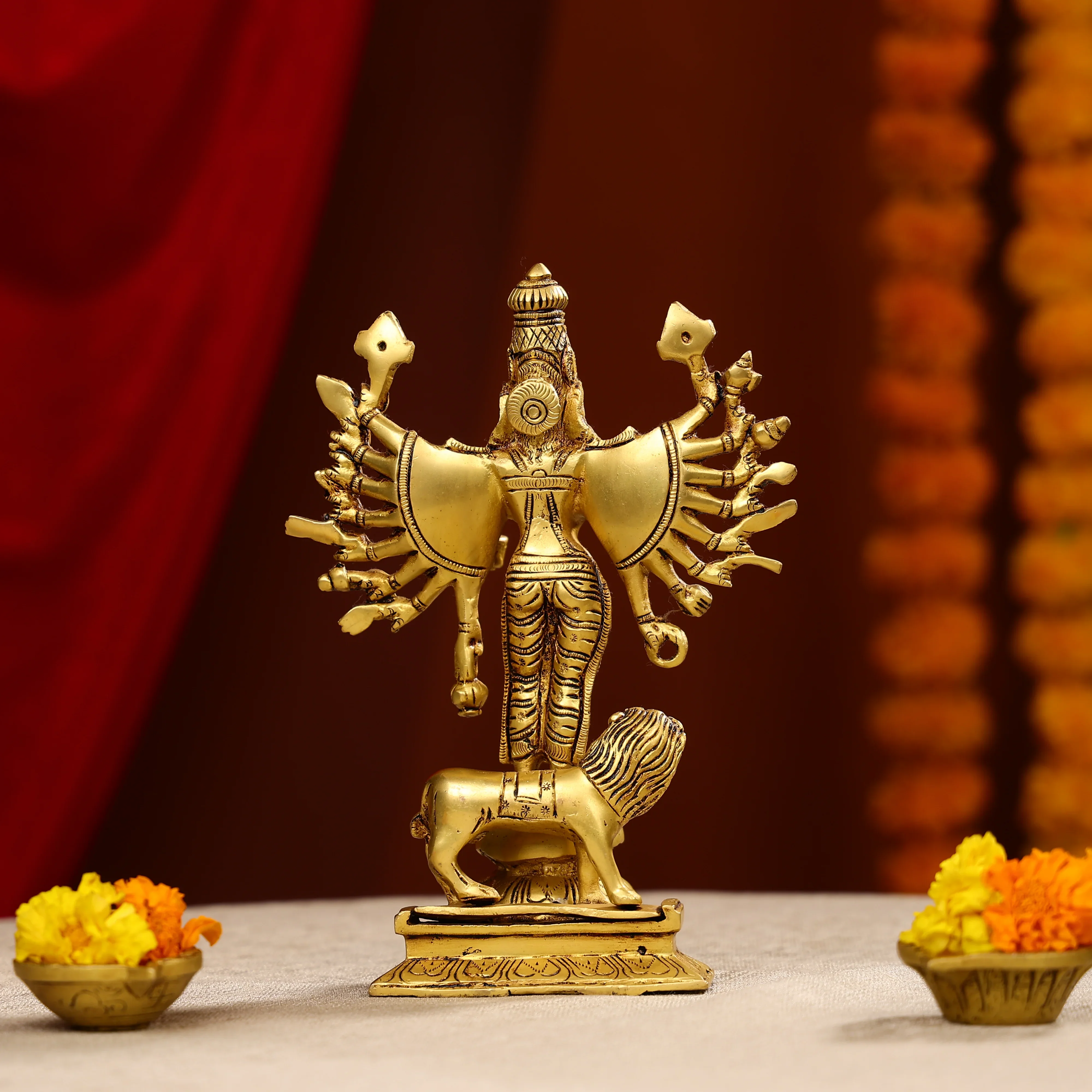 10" Super Fine Brass Vishnu Durga Mahisasur Mardini Durga Idol - Image 3