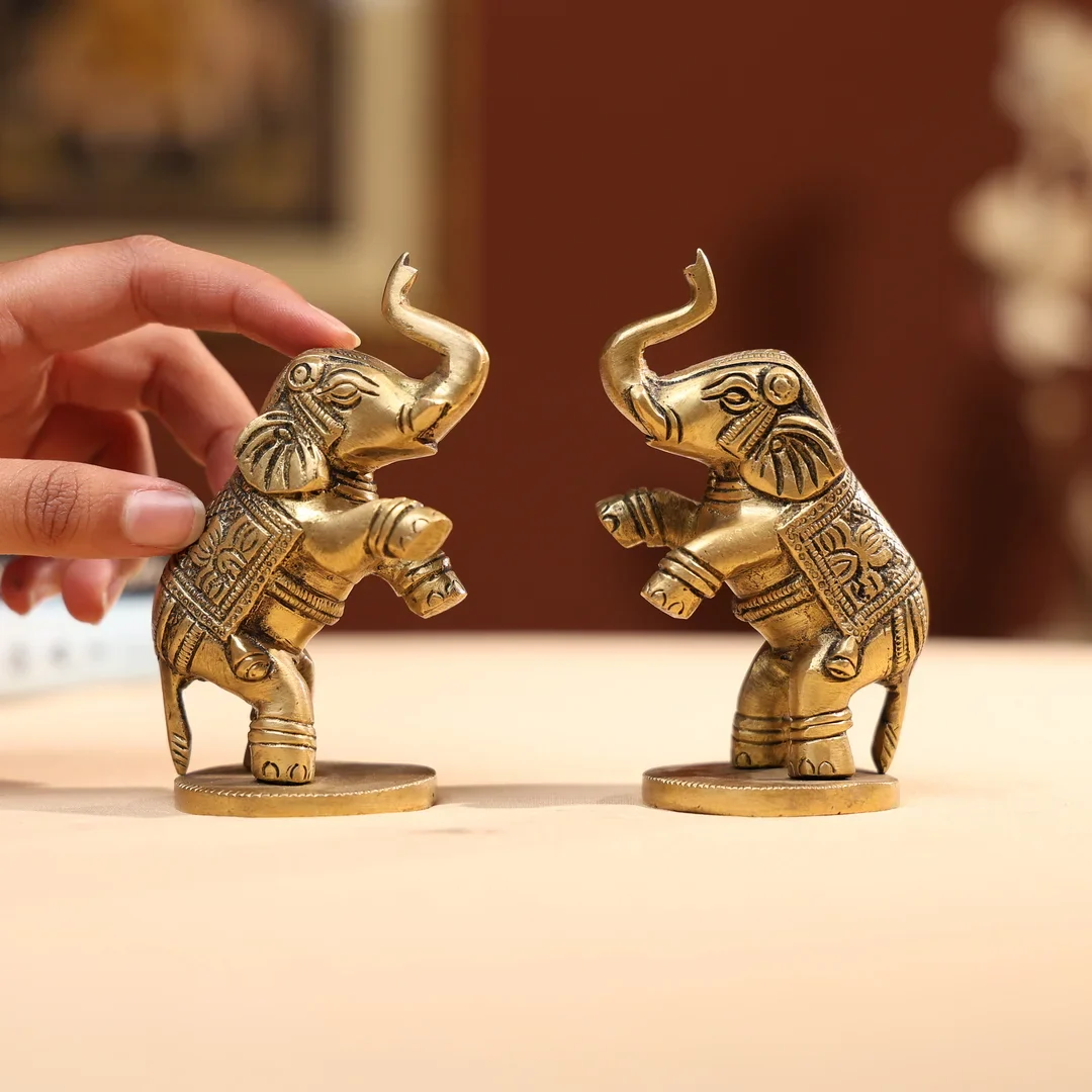 Brass Welcoming Elephant Pair With Base - Image 2
