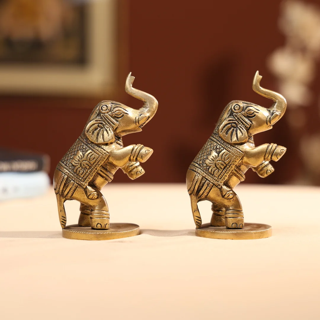 Brass Welcoming Elephant Pair With Base - Image 5
