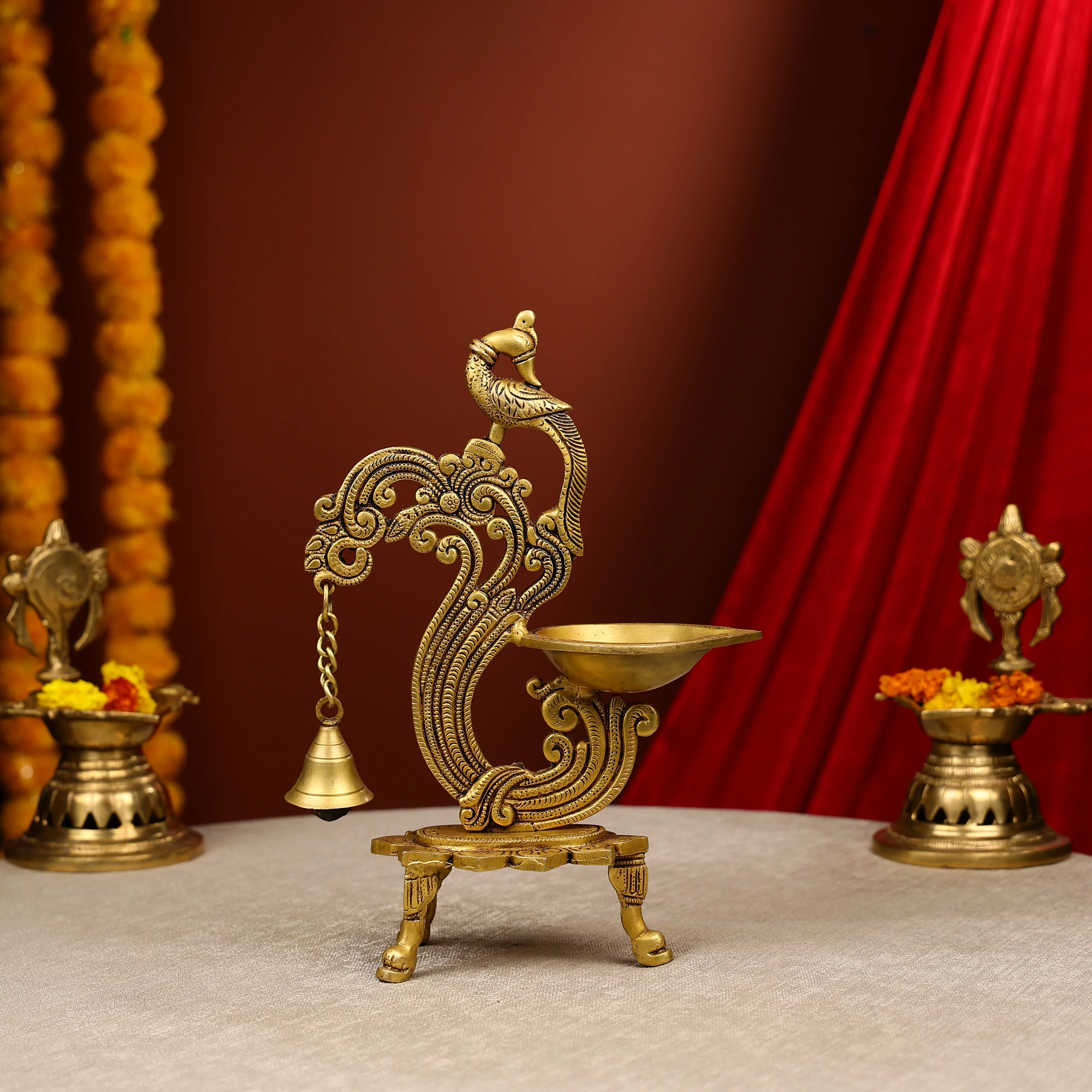 12" Brass Peacock Design Brass Diya With Bell