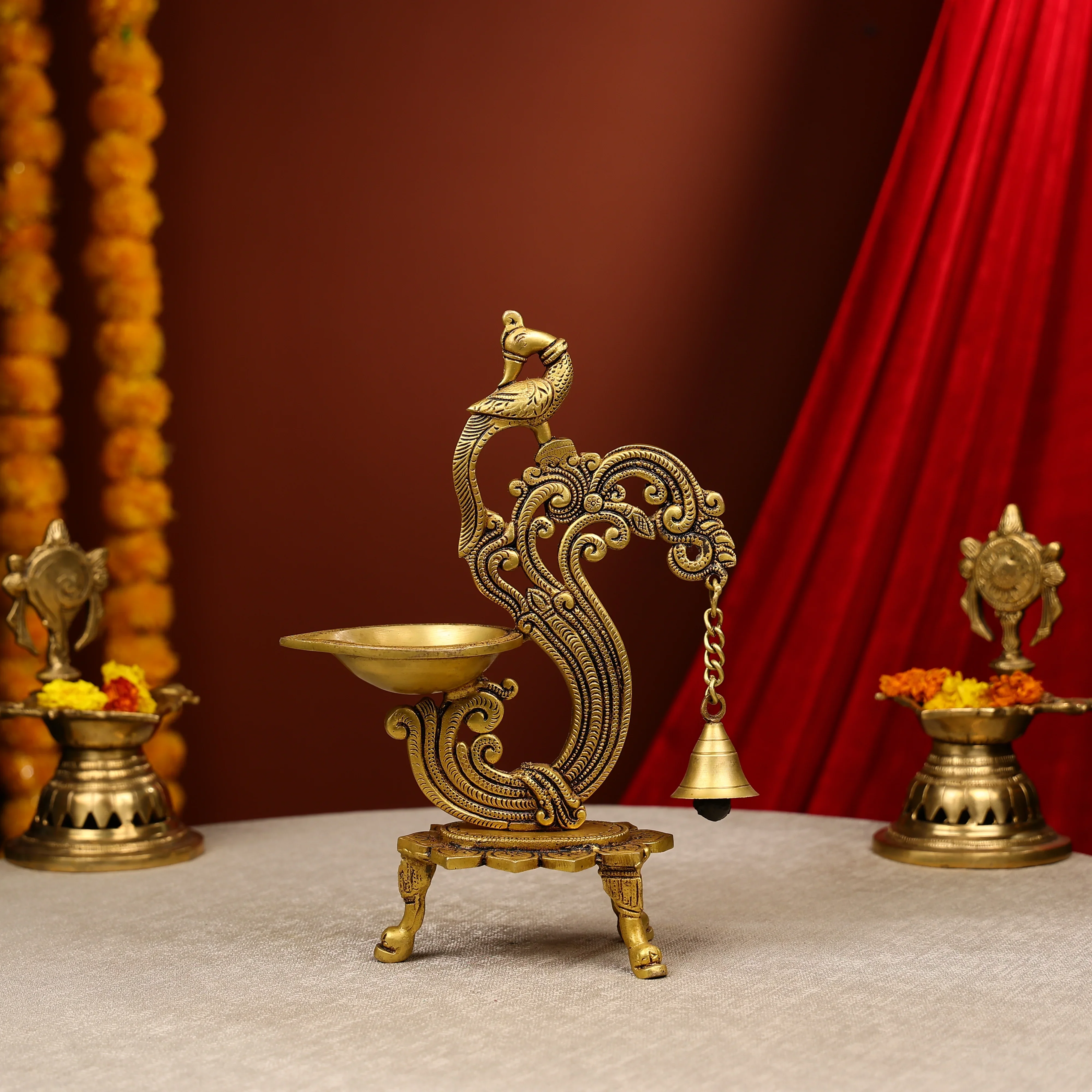 12" Brass Peacock Design Brass Diya With Bell - Image 2