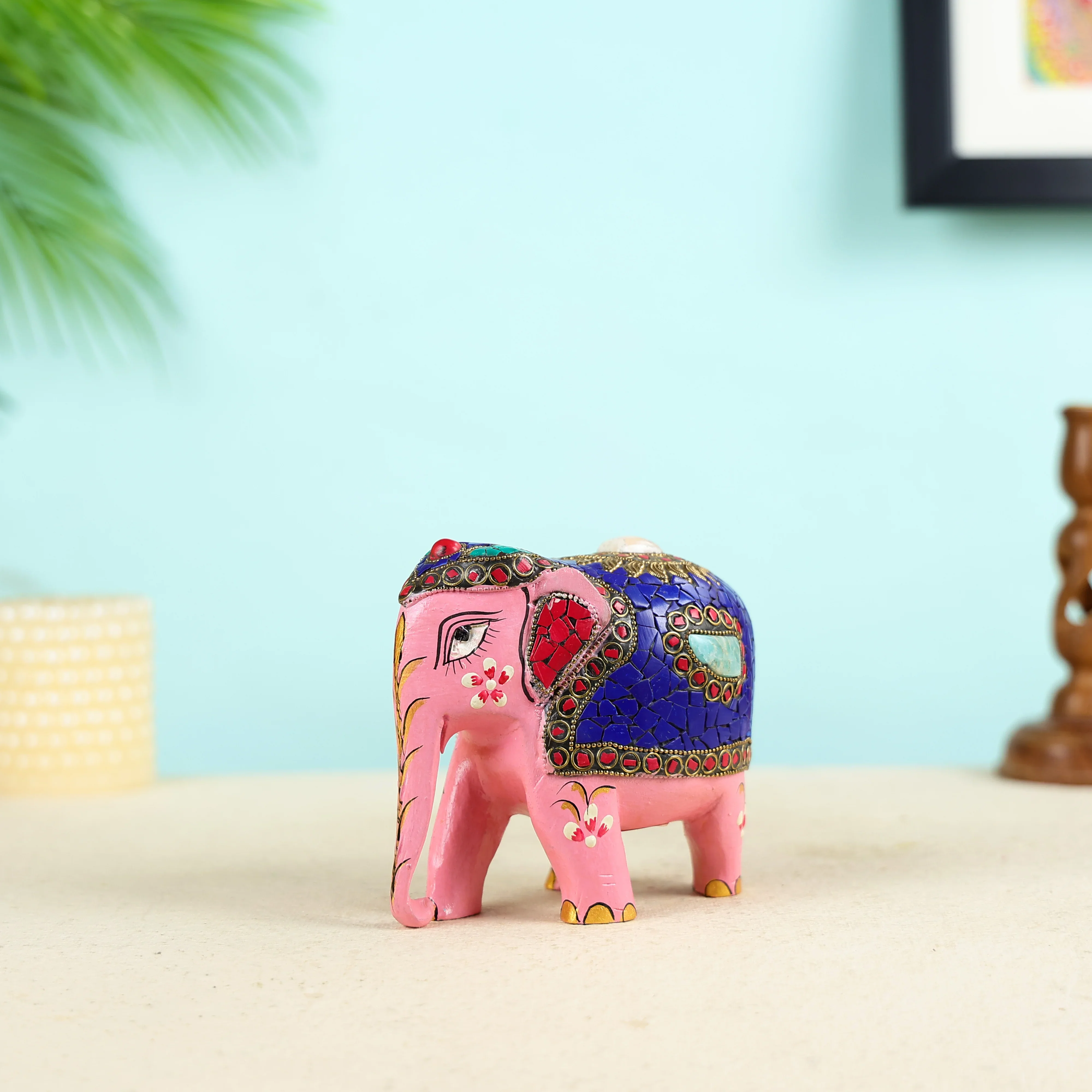 Carved Pink Colour Elephant Sculpture - Image 2