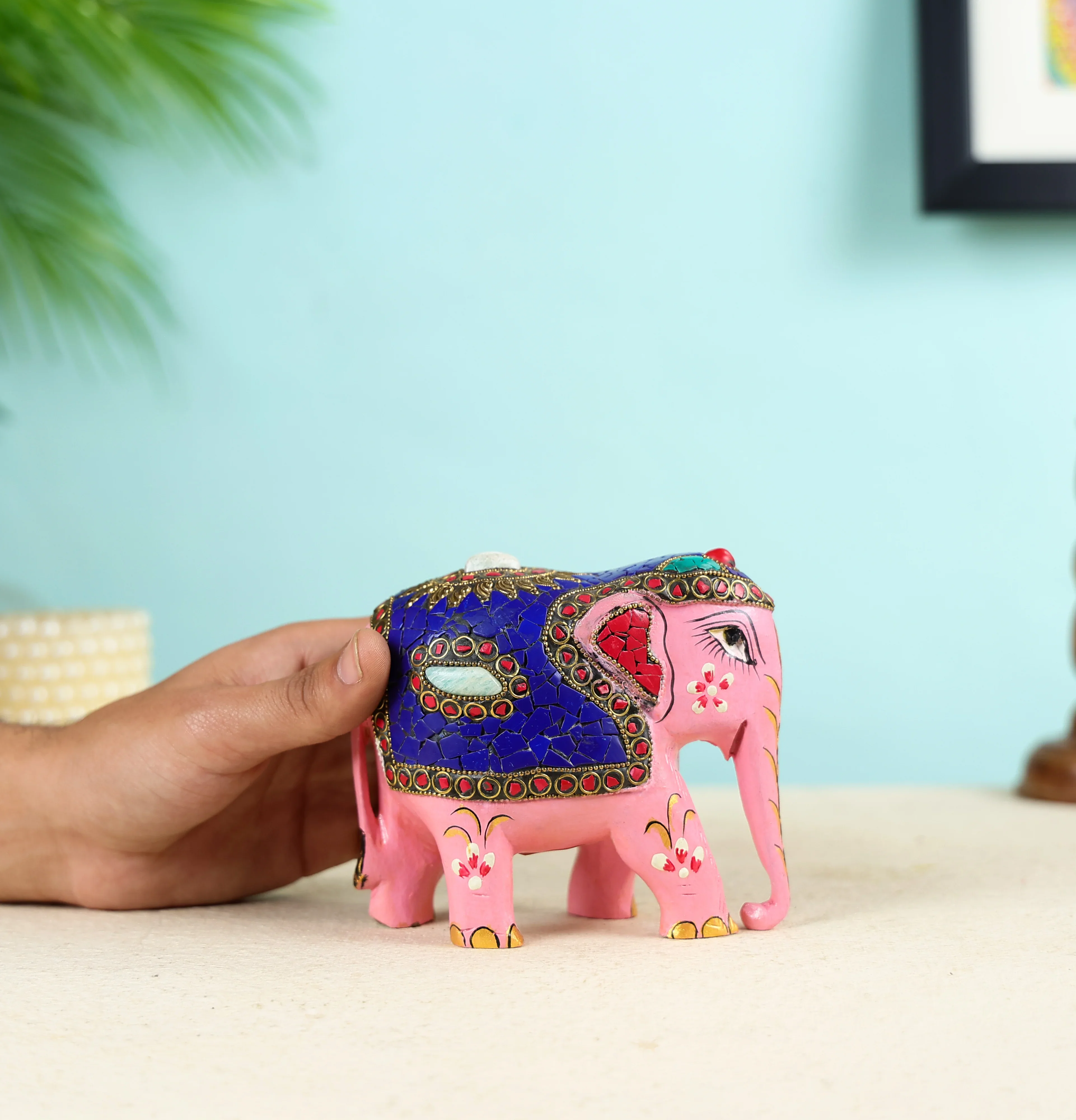 Carved Pink Colour Elephant Sculpture - Image 6