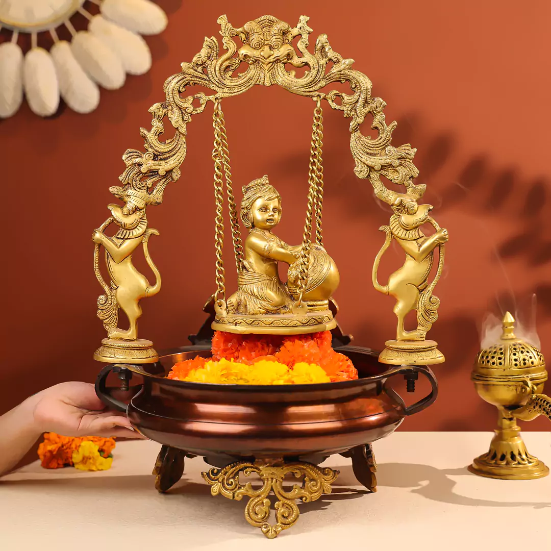 20" Coloured Brass Baby Krishna Idol Makhan Chor On Swings & Urli