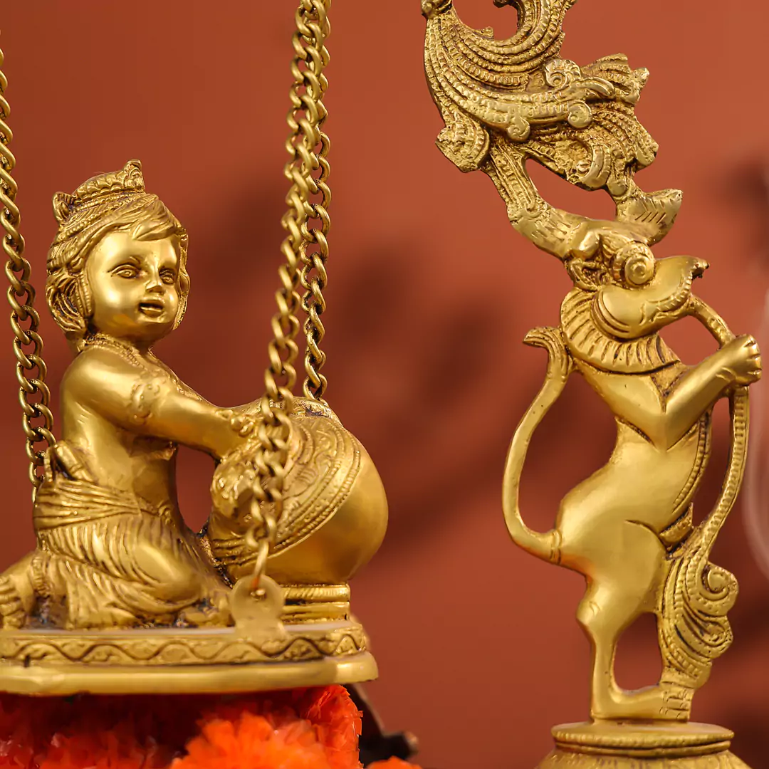 20" Coloured Brass Baby Krishna Idol Makhan Chor On Swings & Urli - Image 2