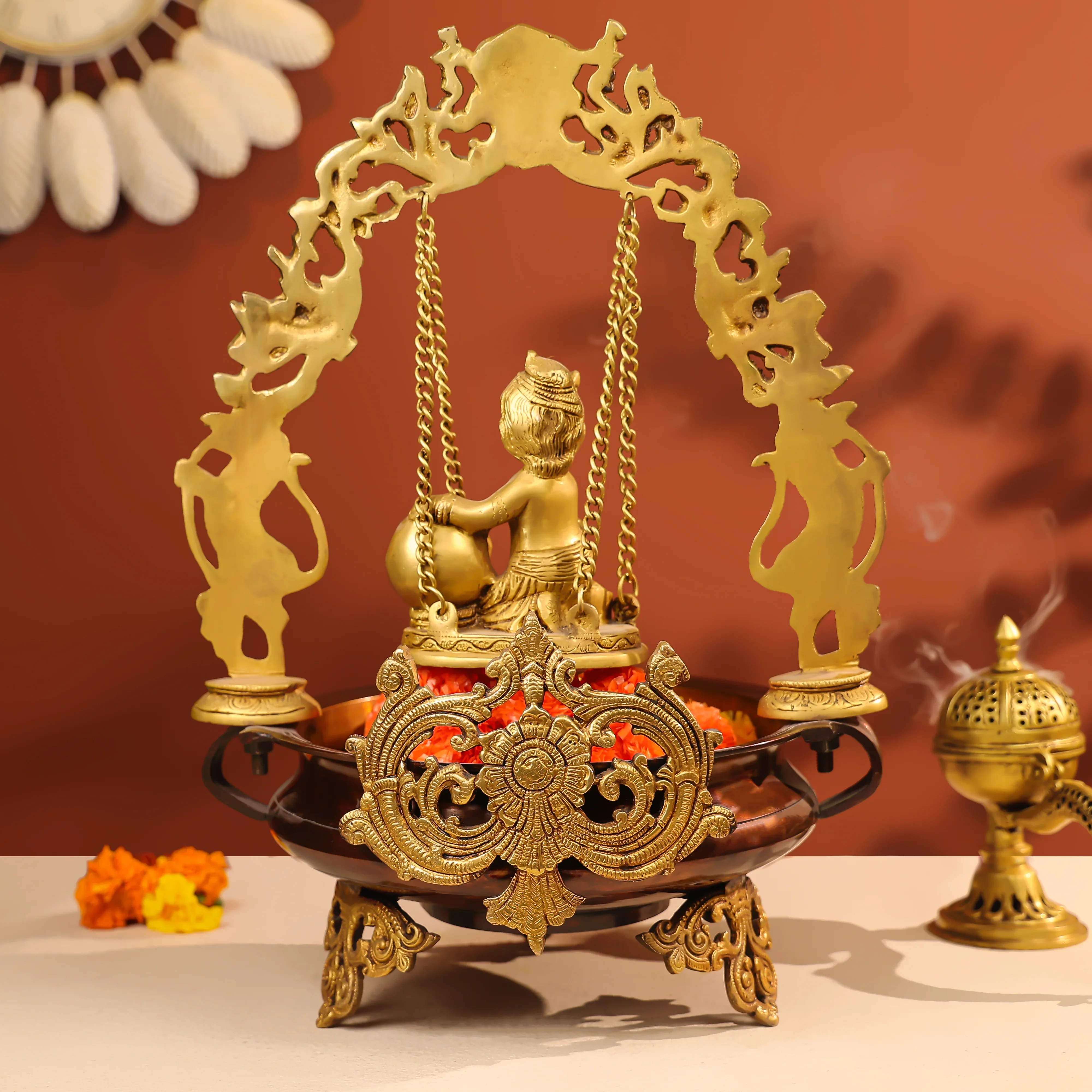 20" Coloured Brass Baby Krishna Idol Makhan Chor On Swings & Urli - Image 4