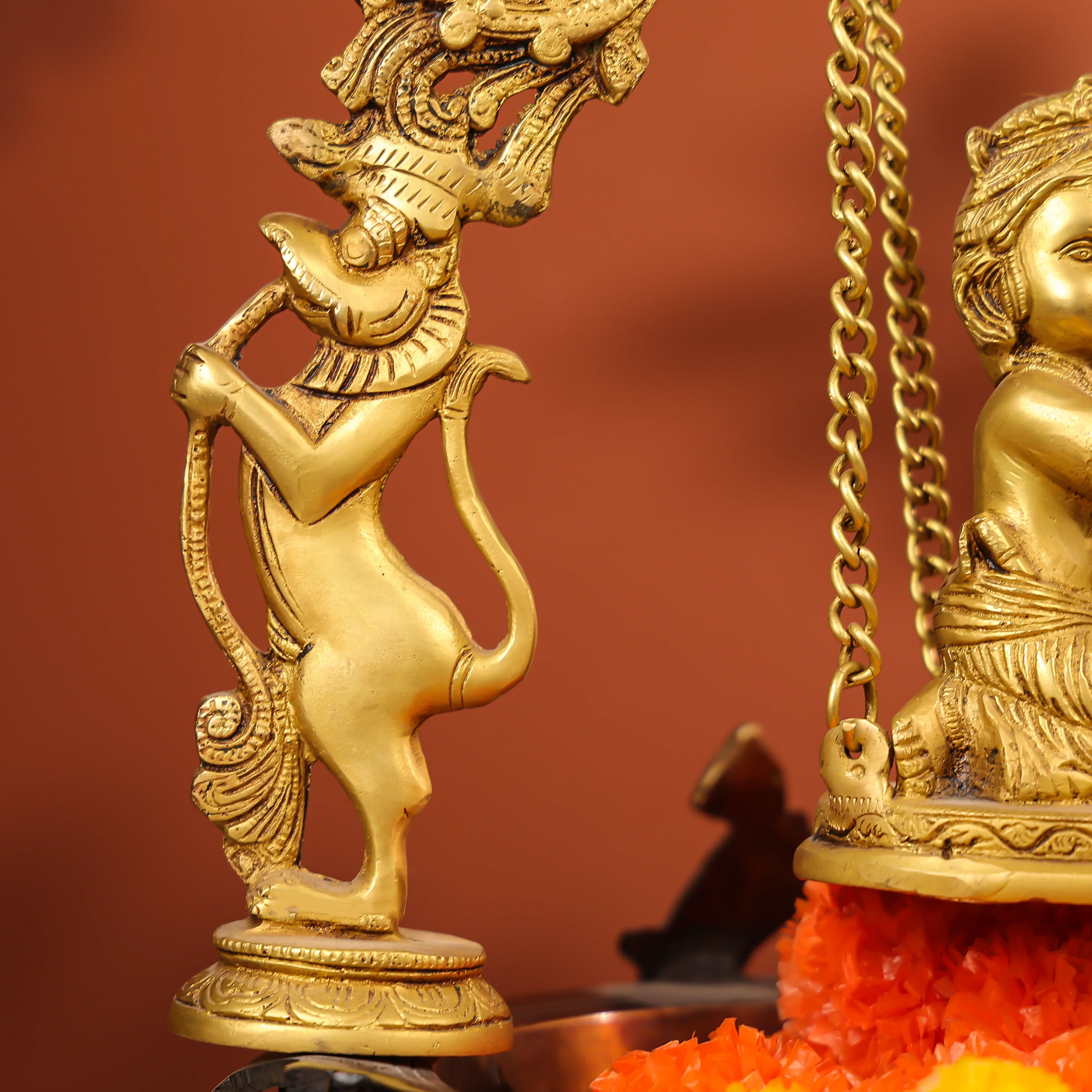 20" Coloured Brass Baby Krishna Idol Makhan Chor On Swings & Urli - Image 5