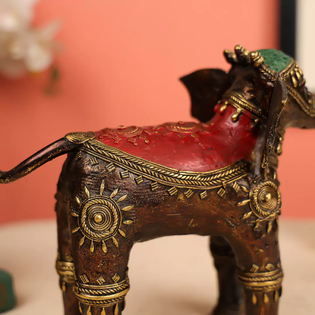8" Coloured Brass Crafted Dhokra Elephant with Welcoming Trunk Pose Table Decor - Image 3