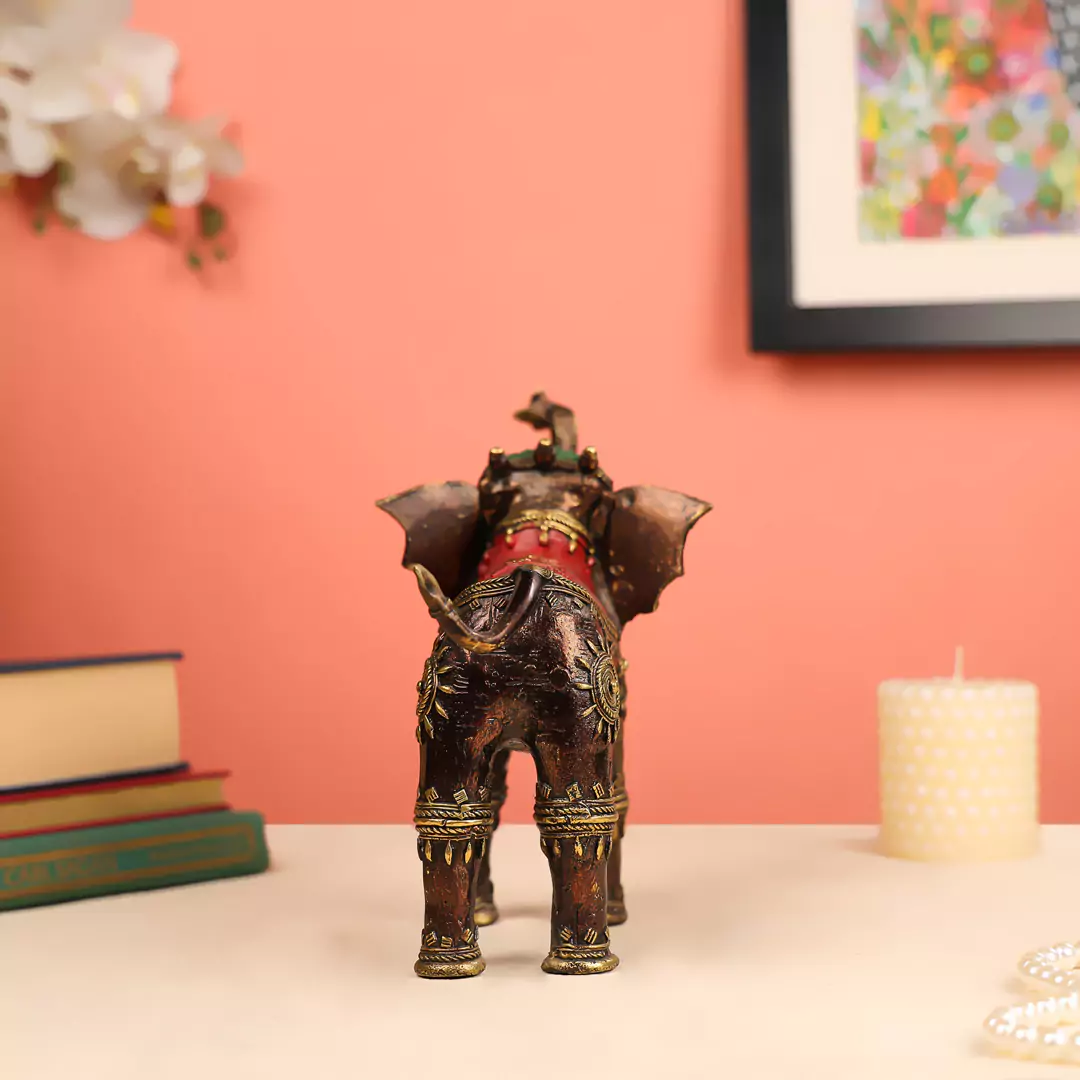 8" Coloured Brass Crafted Dhokra Elephant with Welcoming Trunk Pose Table Decor - Image 4