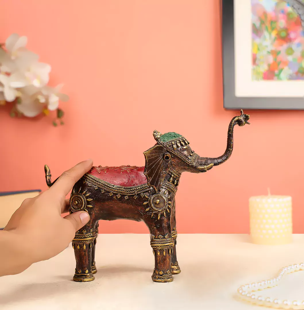 8" Coloured Brass Crafted Dhokra Elephant with Welcoming Trunk Pose Table Decor - Image 5