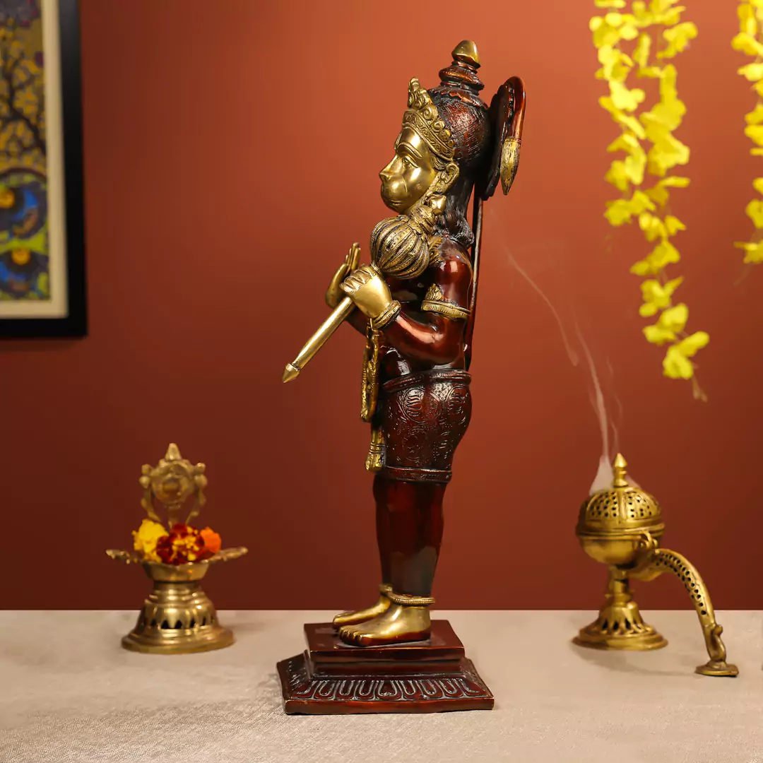 22" Coloured Brass Hanuman Idol Standing On Pedestal Antique Finish - Large - Image 3
