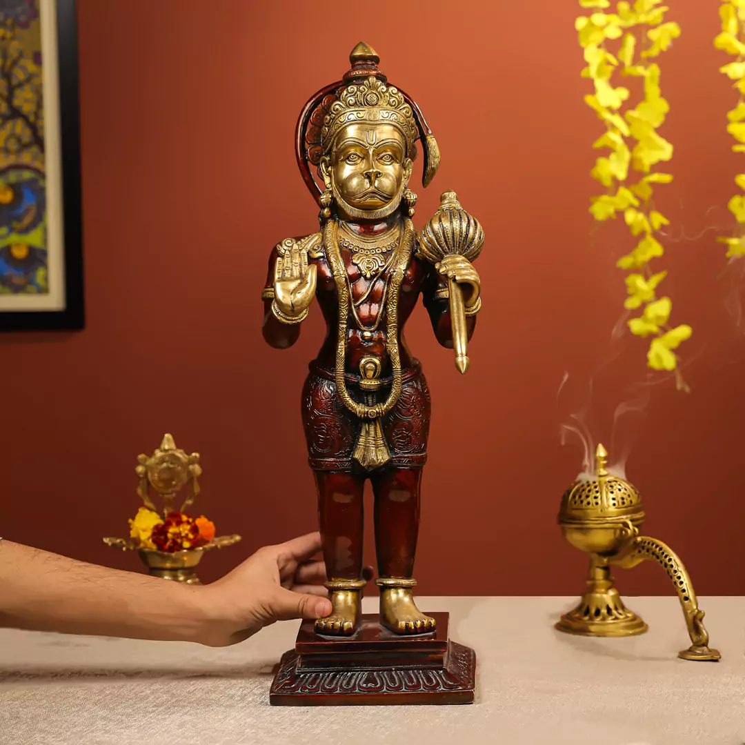 22" Coloured Brass Hanuman Idol Standing On Pedestal Antique Finish - Large - Image 4