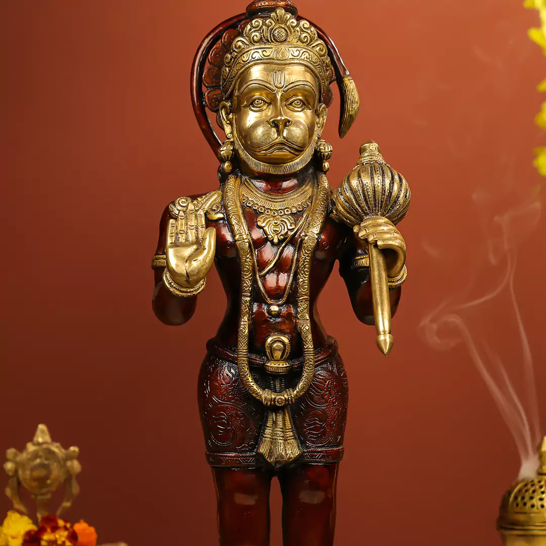 22" Coloured Brass Hanuman Idol Standing On Pedestal Antique Finish - Large - Image 5