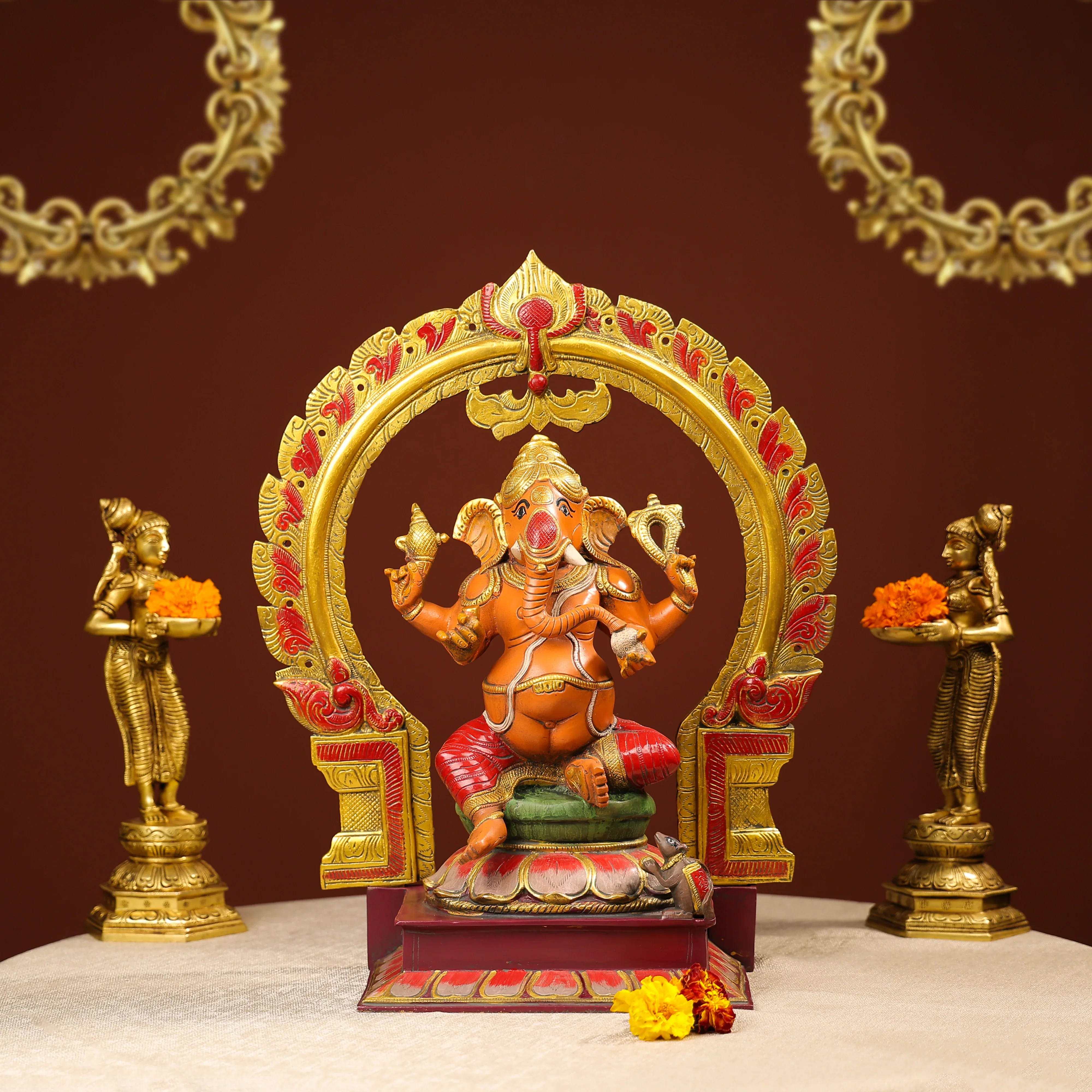 Coloured Brass Idol Of Lord Ganesh On Lotus