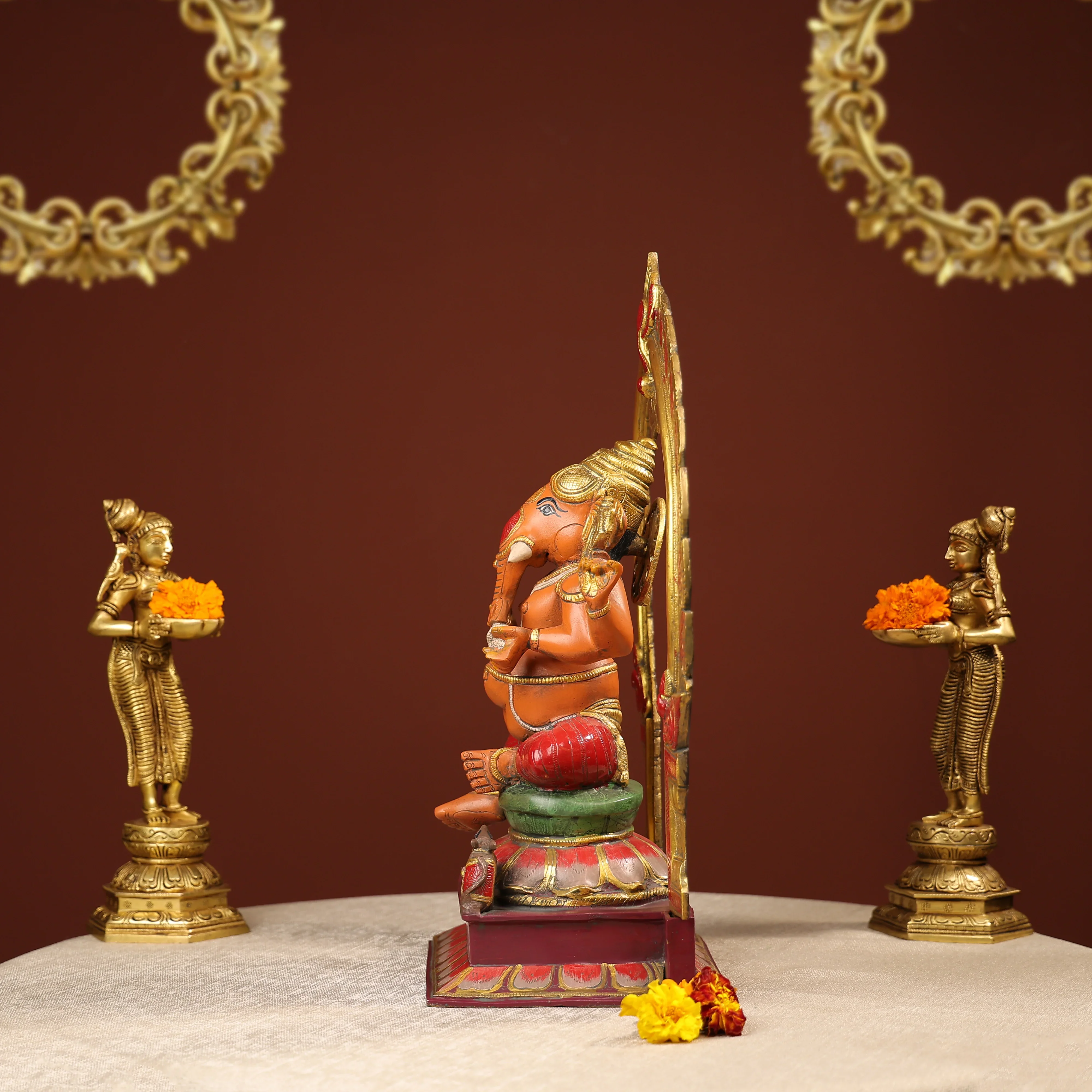 Coloured Brass Idol Of Lord Ganesh On Lotus - Image 3